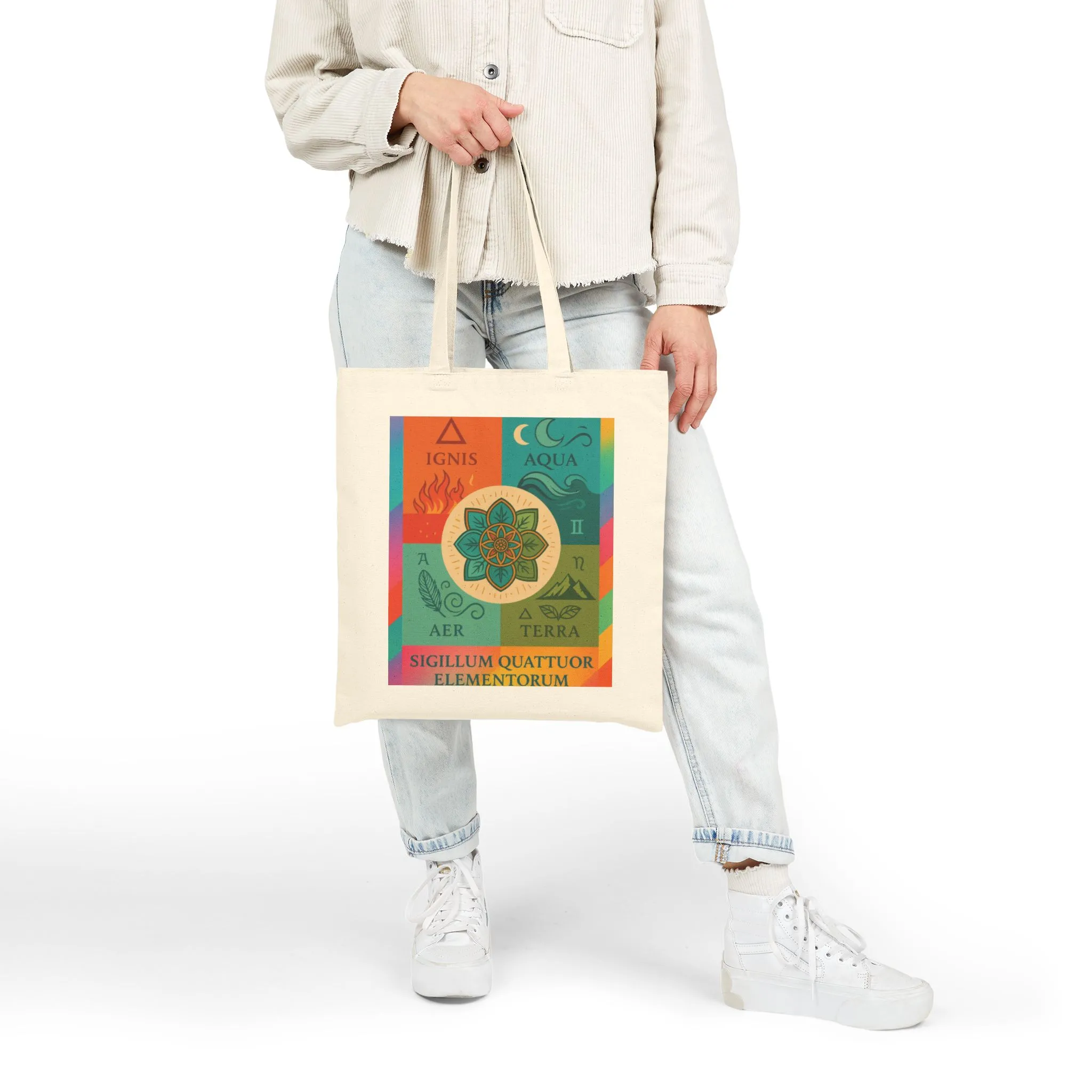 Four Elements Mandala Tote Bag, Fire, Water, Air, Earth Illustrated Symbolic Canvas Bag, Spiritual Boho Elemental Series Gift, Art Tote - Image 3