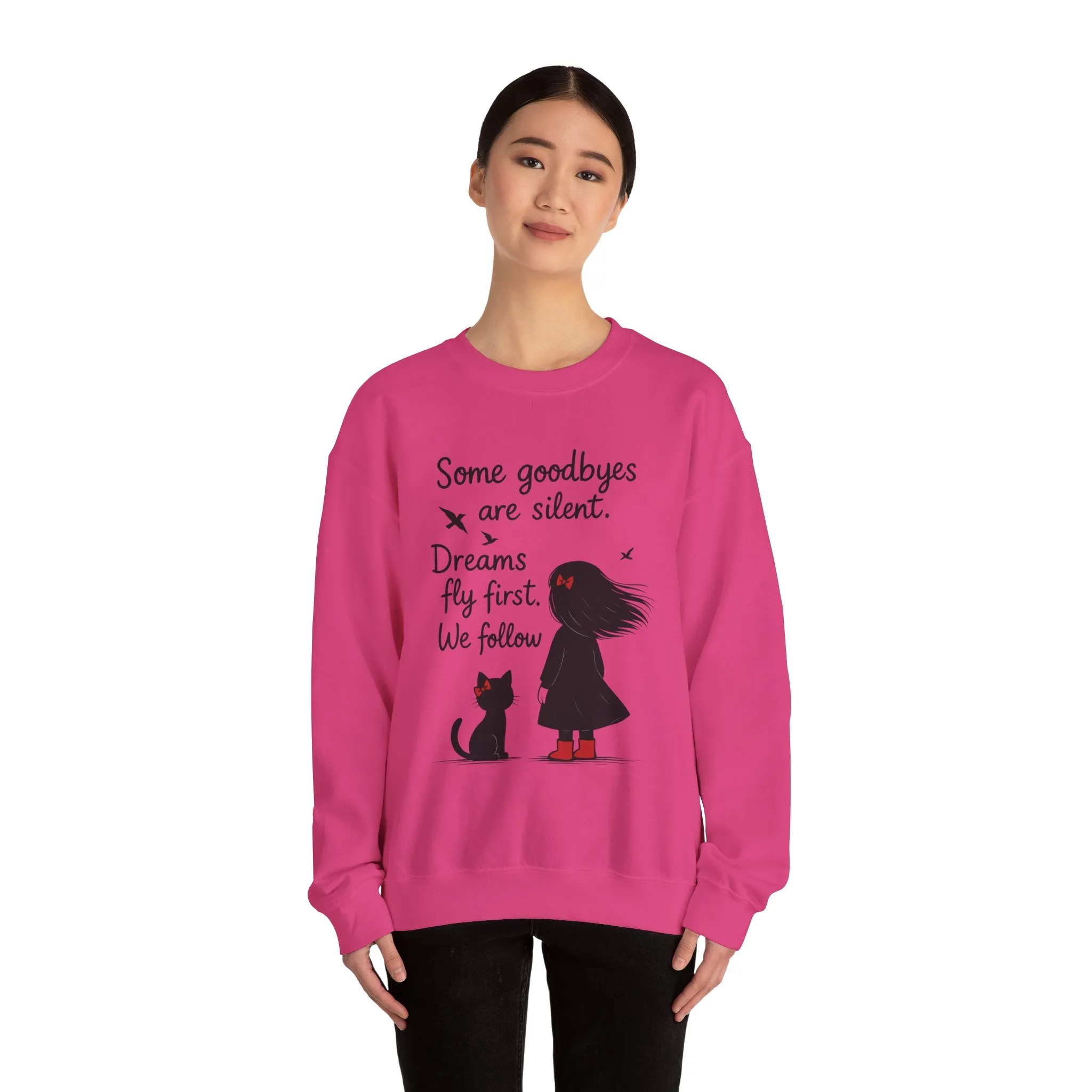 Cozy Farewell Girl & Cat Pullover, Hand Drawn Red Dress Art, Minimalist Womens Crewneck - Image 23