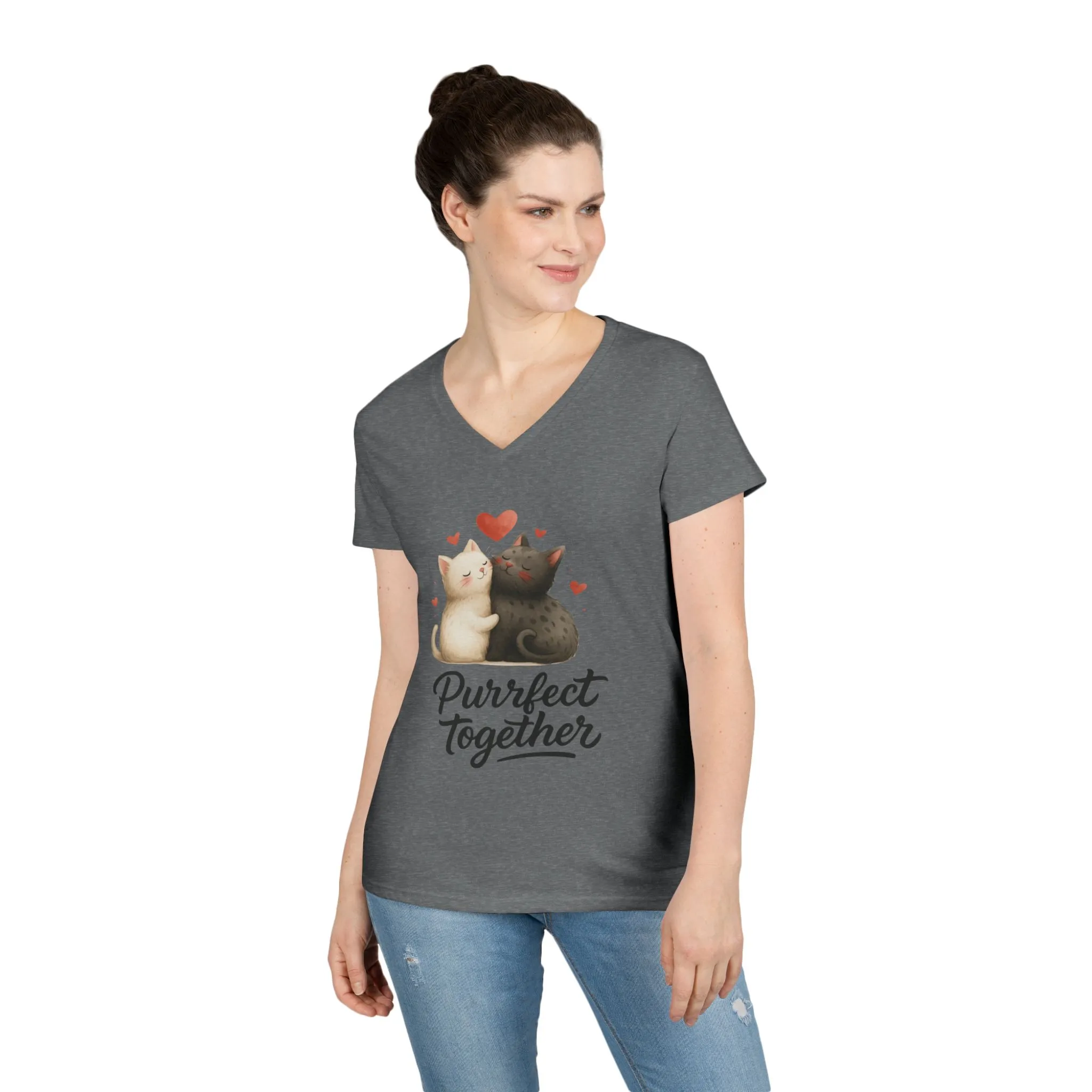 Cute Cat Love V-Neck T-Shirt, Animal Lover Gift, Valentine's Day Shirt, Cat Mom Gift, Cute Graphic Tee - Image 9