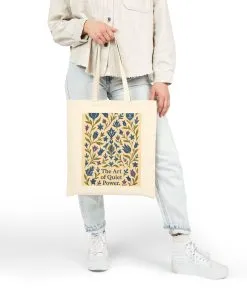 The Art of Quiet Power Tote Bag, Elegant Blue Floral Pattern Canvas Bag, Minimal Botanical Turkish Tile Inspired Gift Bag
