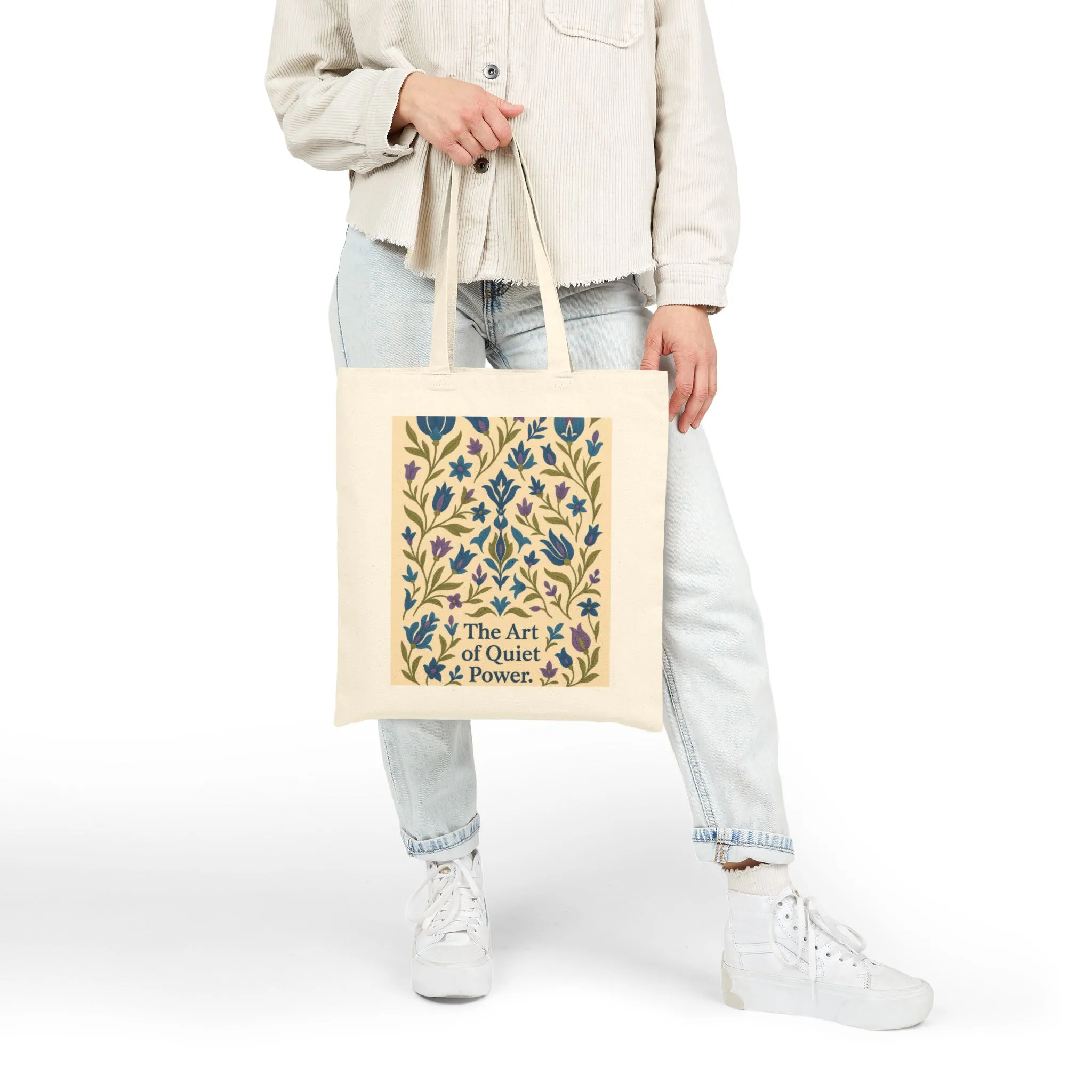 The Art of Quiet Power Tote Bag, Elegant Blue Floral Pattern Canvas Bag, Minimal Botanical Turkish Tile Inspired Gift Bag
