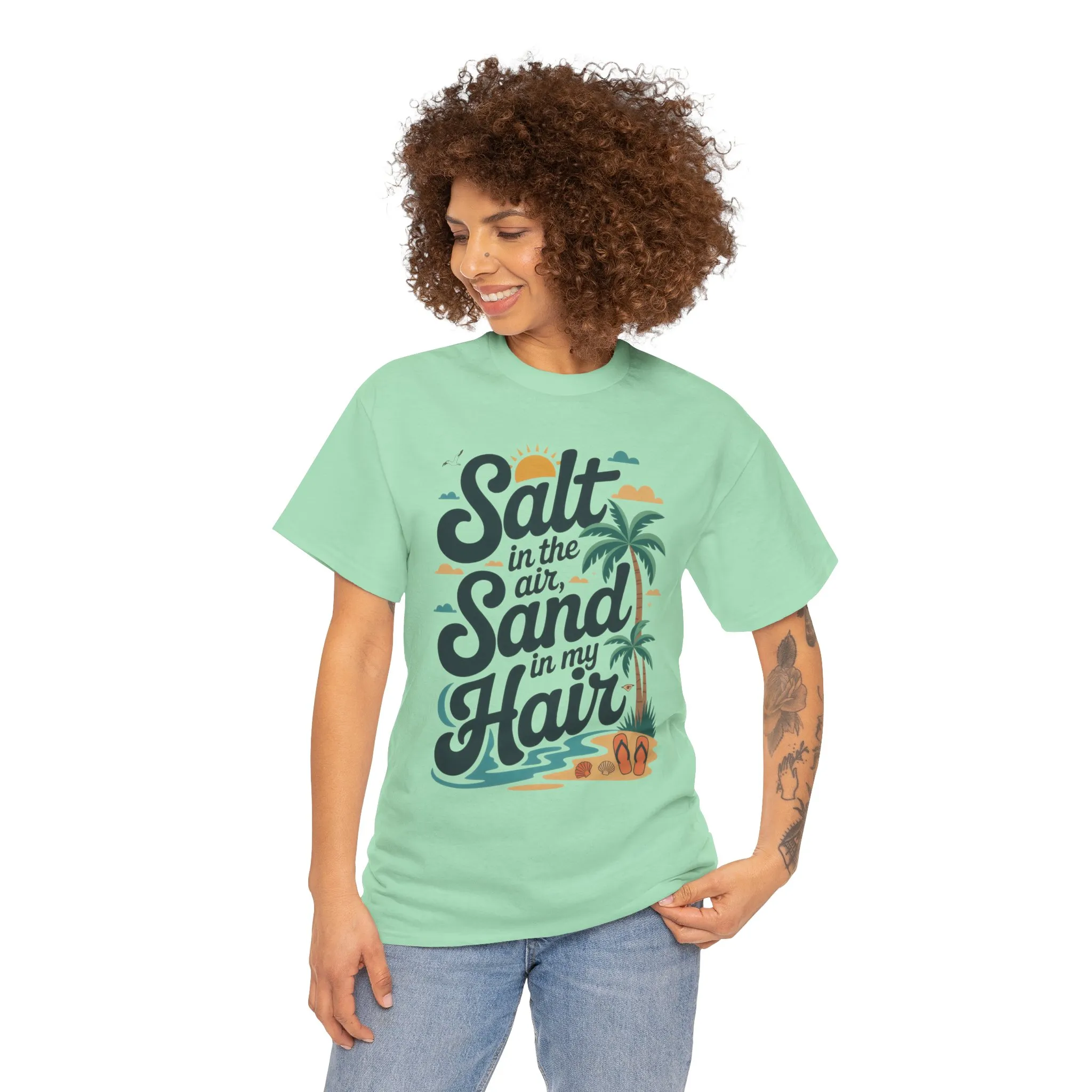 Salt in the Air Sand in My Hair Shirt, Beach Summer Vibes Graphic T-Shirt, Tropical Ocean Palm Design, Ocean-Themed Shirt, Gift Beach Lovers - Image 3