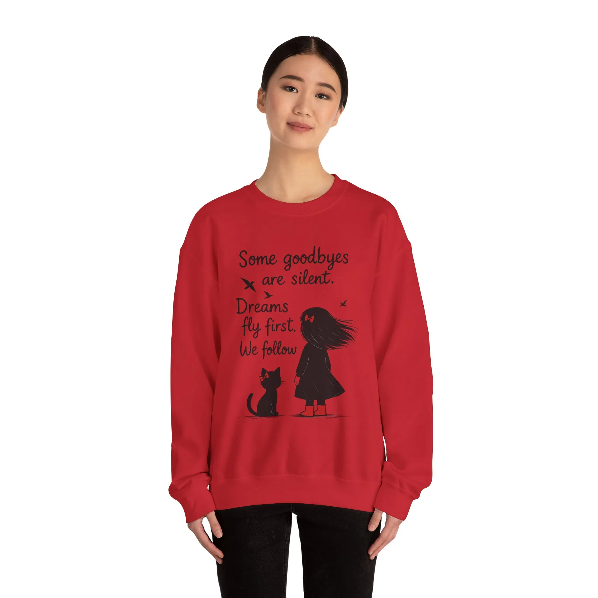 Cozy Farewell Girl & Cat Pullover, Hand Drawn Red Dress Art, Minimalist Womens Crewneck - Image 26
