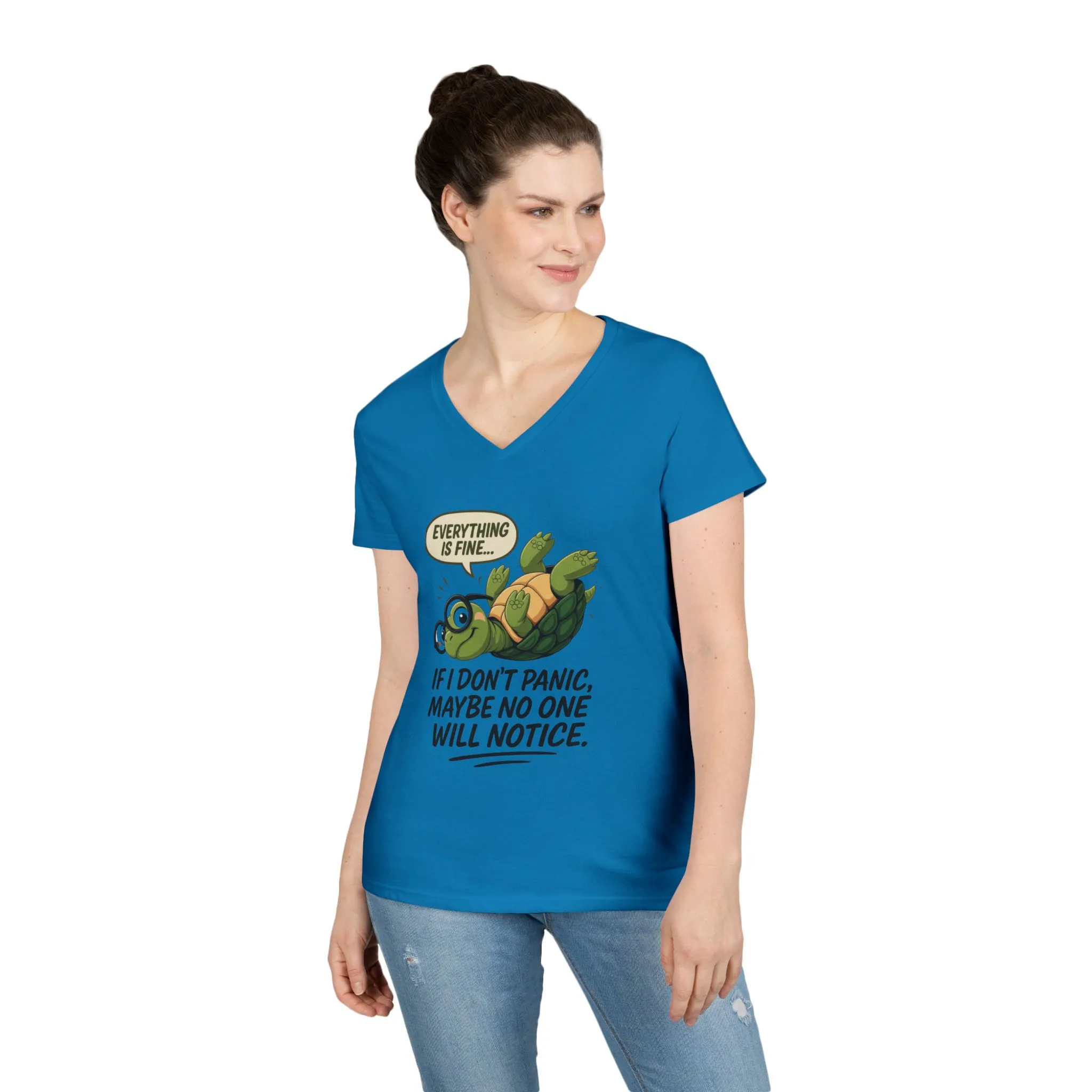 Cute & Comfy Turtle V-Neck T-Shirt, Everything is fine.. design, Gift for Animal Lovers, Casual Wear, Fun Quotes, Positive message tee - Image 12