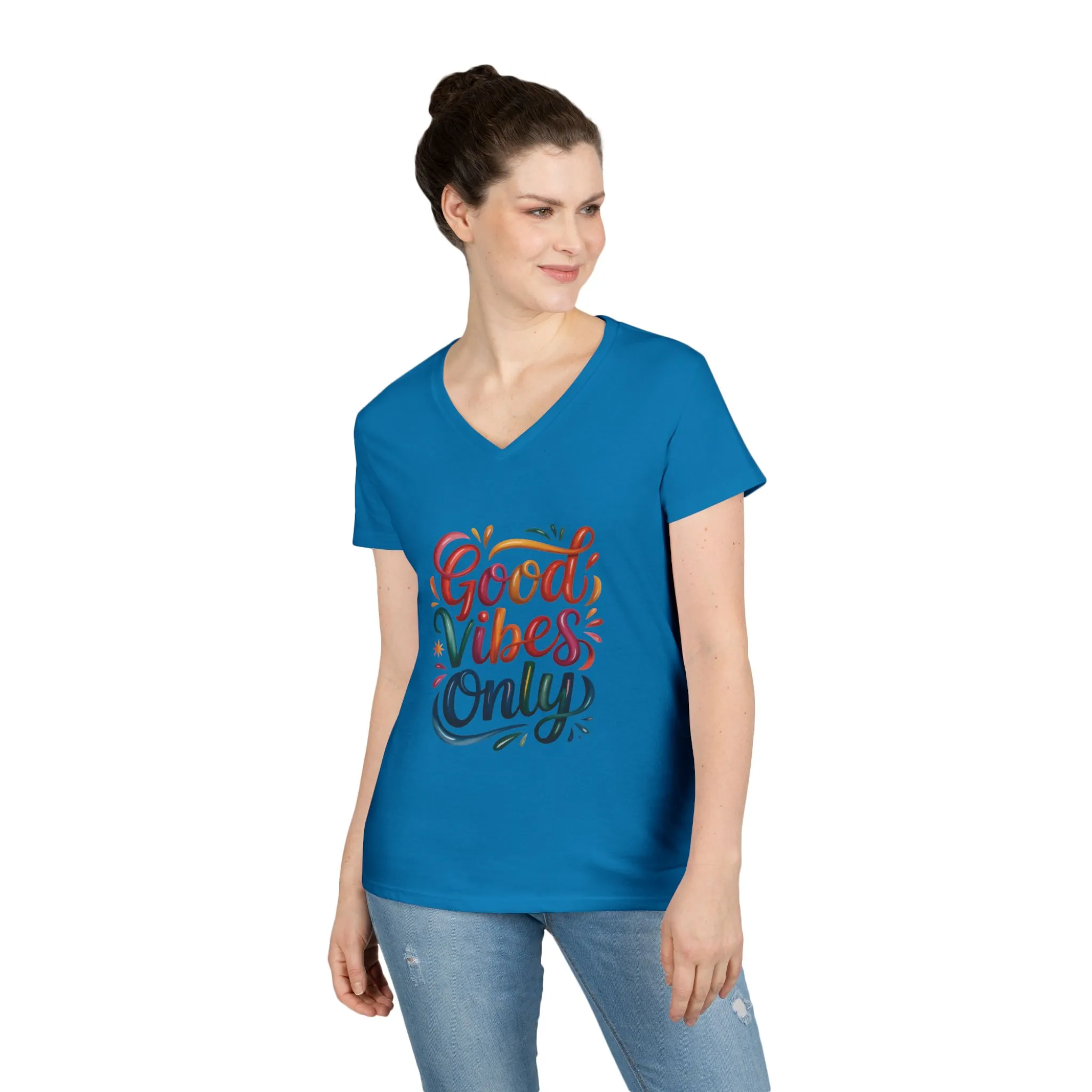 Good Vibes Only Ladies' V-Neck T-Shirt | Positive Message Tee, Casual Wear, Gift for Her, Summer Style, Feel Good Fashion, Positive Energy - Image 15