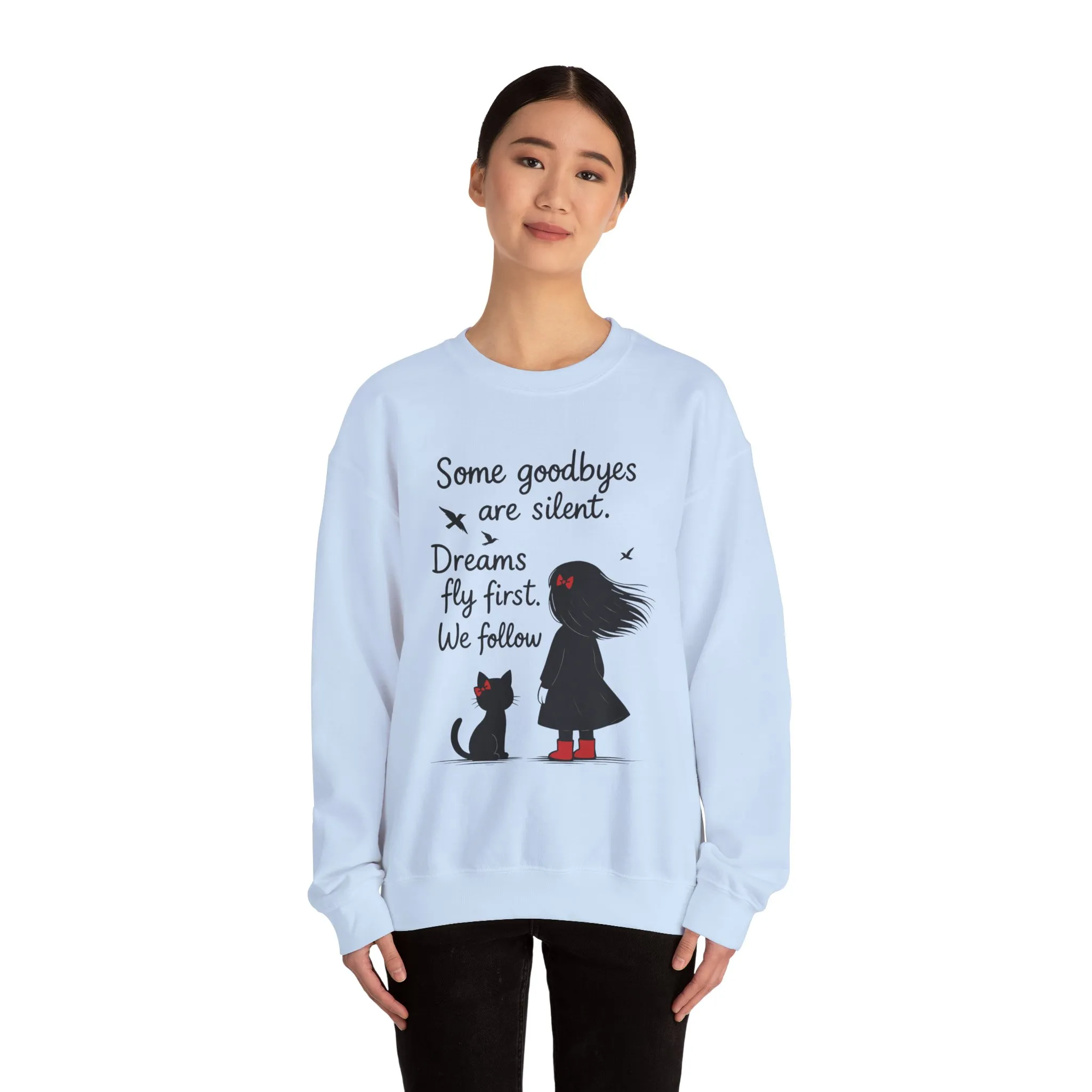 Cozy Farewell Girl & Cat Pullover, Hand Drawn Red Dress Art, Minimalist Womens Crewneck - Image 8