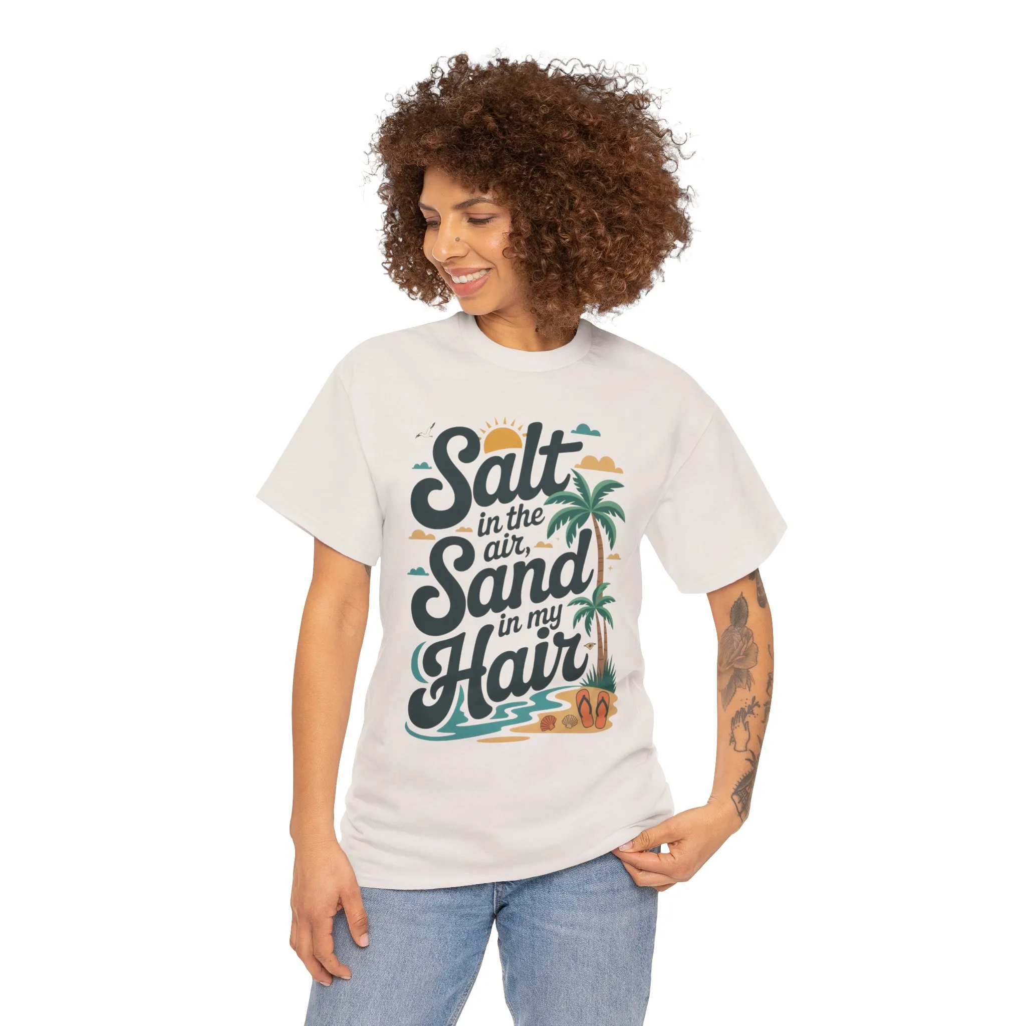 Salt in the Air Sand in My Hair Shirt, Beach Summer Vibes Graphic T-Shirt, Tropical Ocean Palm Design, Ocean-Themed Shirt, Gift Beach Lovers - Image 43