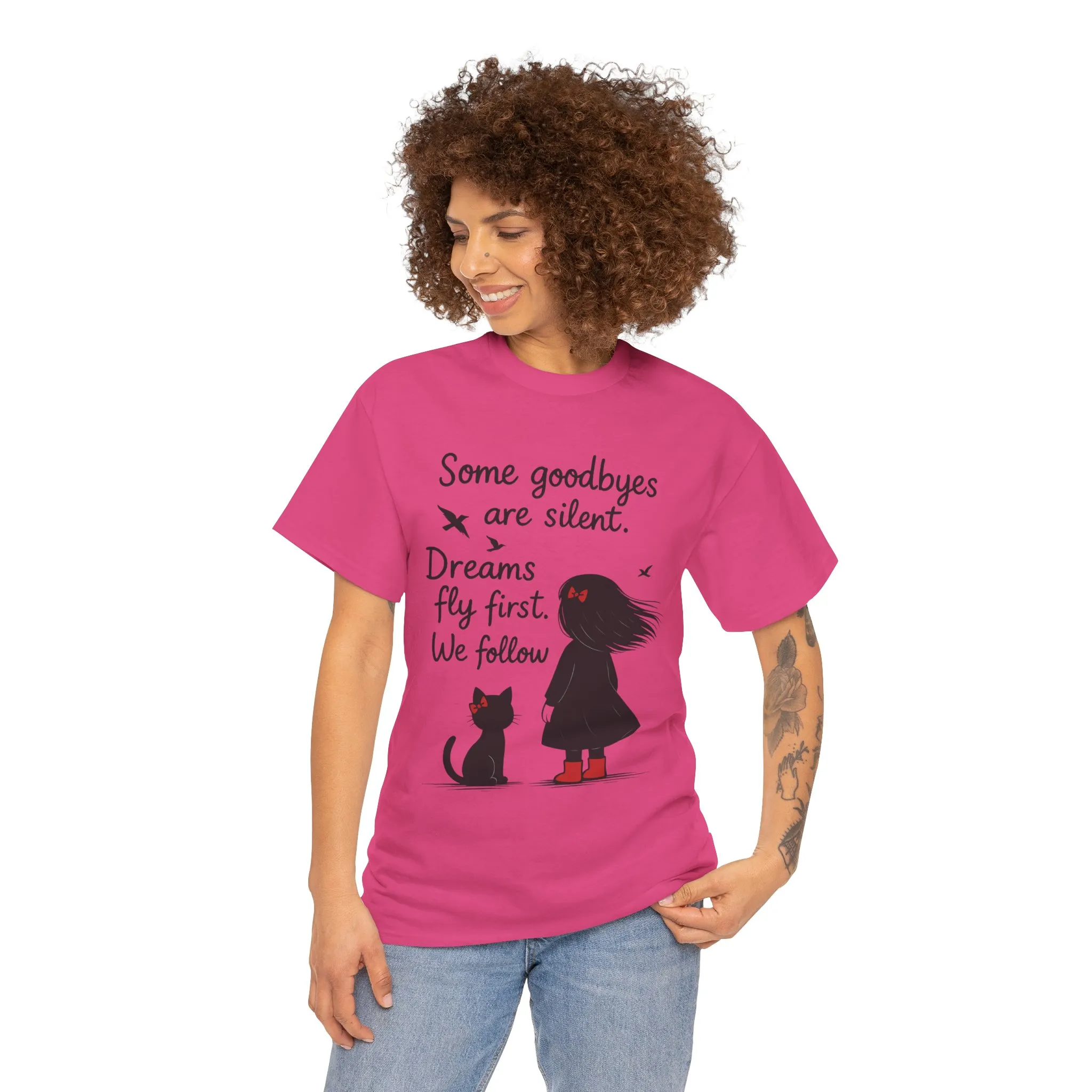 Emotional Hand Drawn Womens T-Shirt, Minimalist Red Dress Girl and Cat Graphic Tee, Cat Lover Gift - Image 23