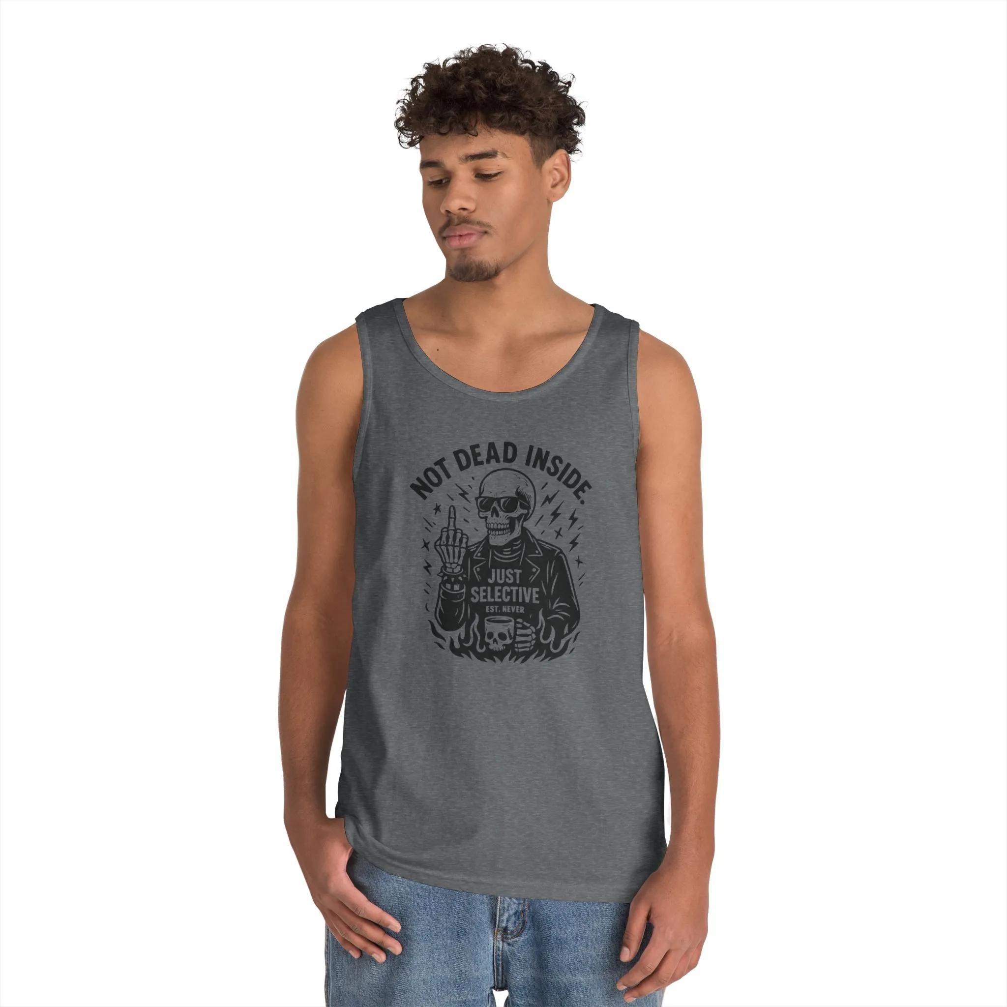 Mens Dark Humor Graphic Tank Top, Not Dead Inside, Funny Graphic Tee, Gifts for Him, Halloween, Occasions, Funny Skeleton Tee