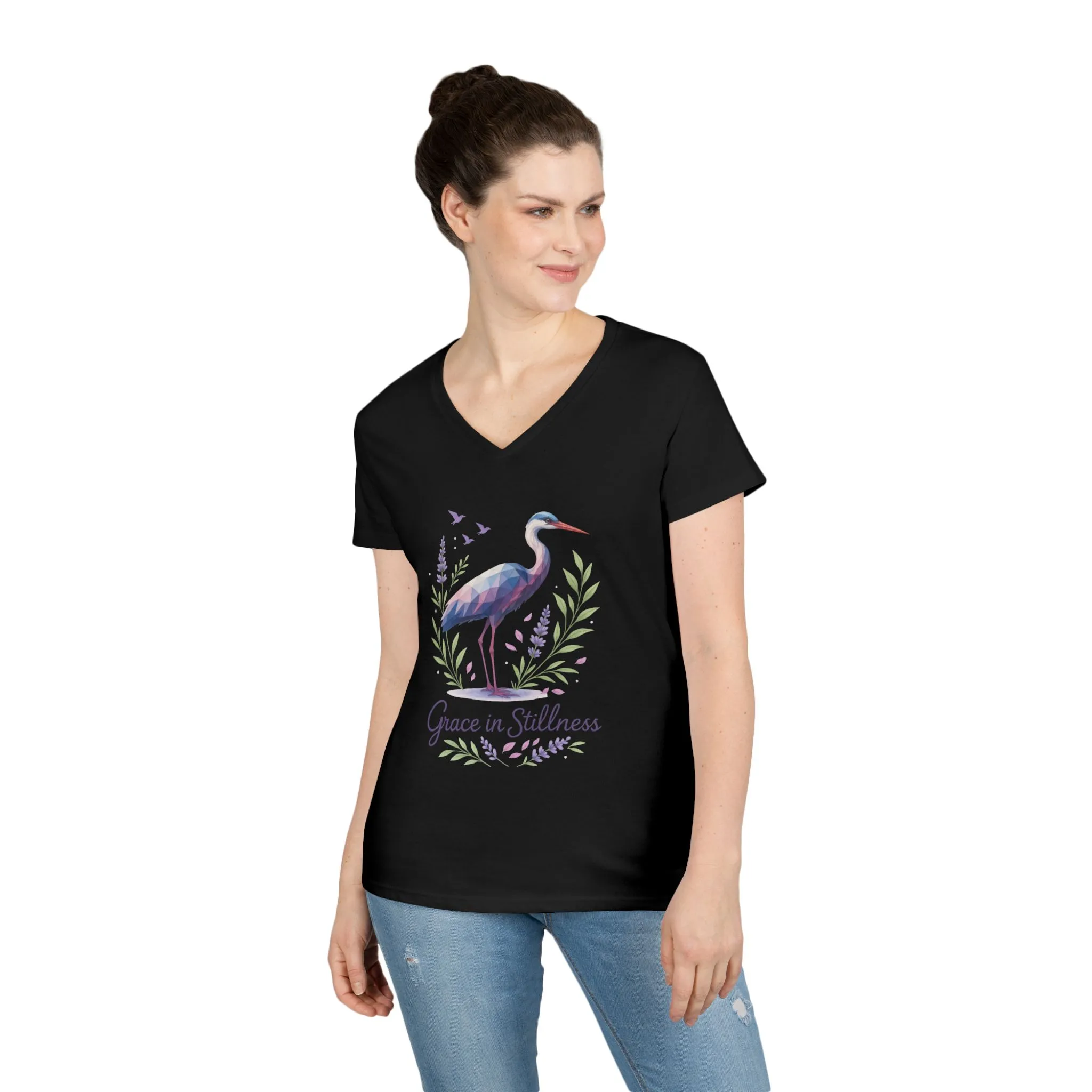 Ladies' V-Neck T-Shirt with Heron Design - Grace in Stillness, Relaxed Fit, Nature-Inspired Gift, Travel Tee, Summer Fashion - Image 6