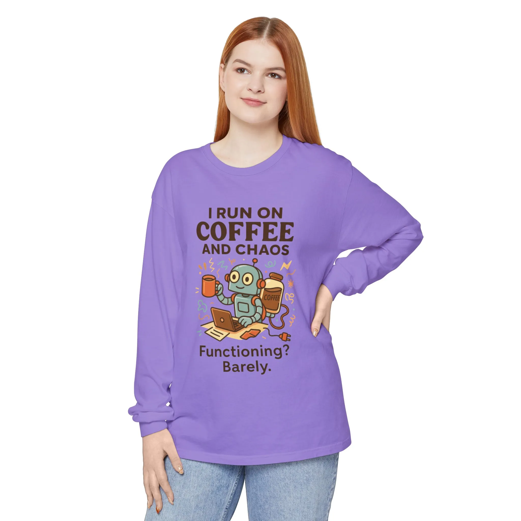 Coffee Chaos Long Sleeve Tee, Funny T-Shirt, Quirky Gift for Coffee Lovers, Unisex Top for Busy Lives, Work from Home Humor Tee - Image 20