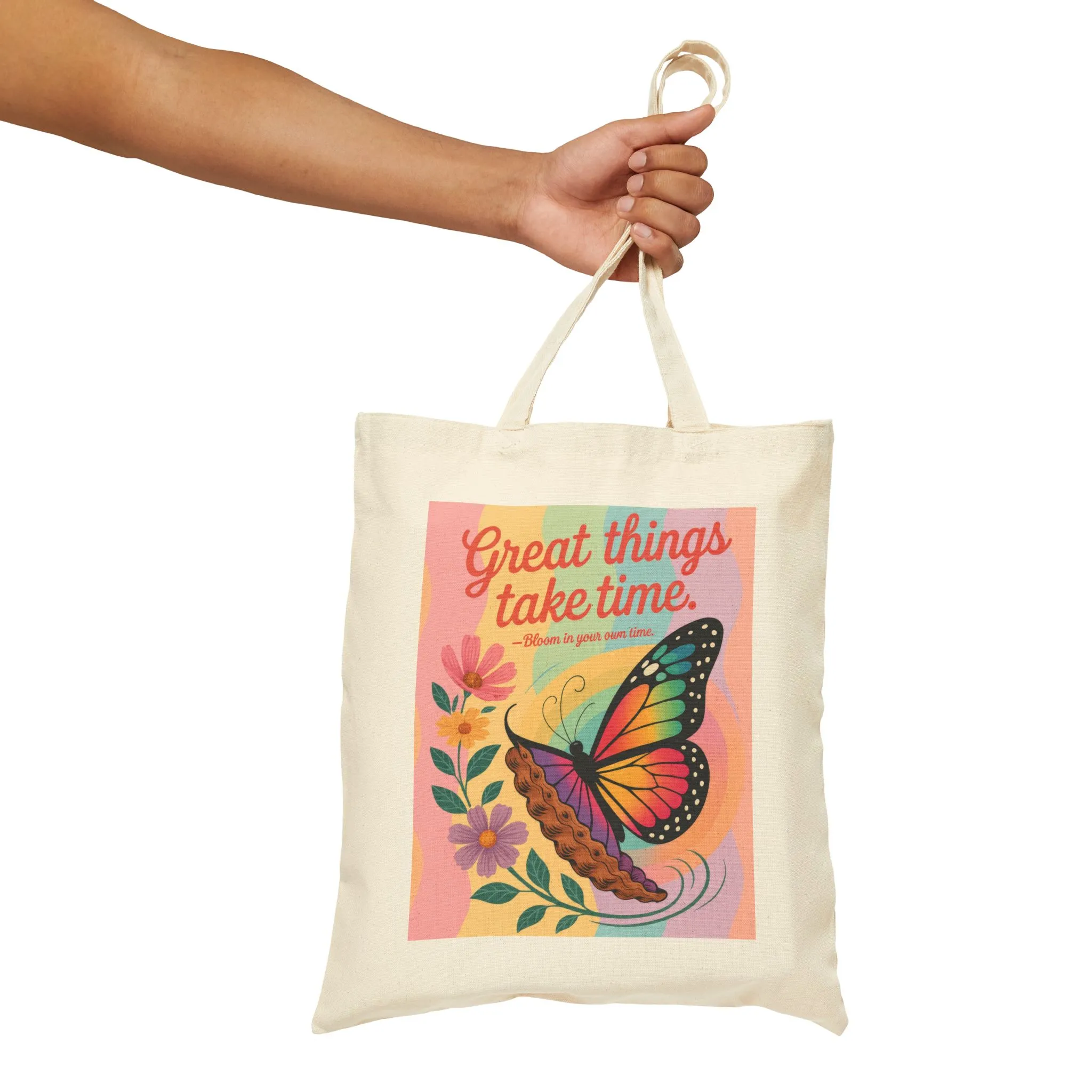 Great Things Take Time Tote Bag, Butterfly & Flower Cotton Canvas Bag, Motivational Quote Tote, Inspirational Gift for Women, Boho Style Bag - Image 4