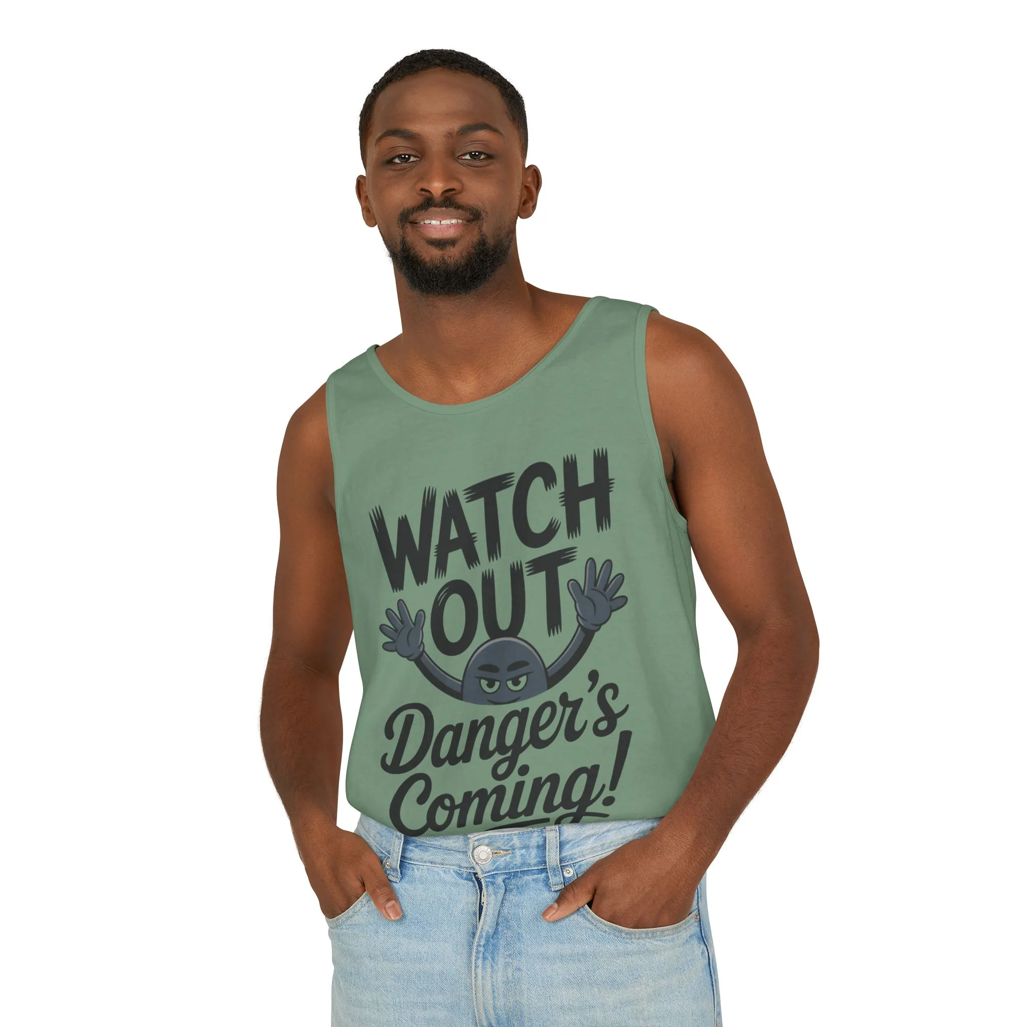 Watch Out! Danger's Coming, Mens Garment-Dyed Tank Top, Summer Tank, Trendy Mens Top, Fun Graphic Tee, Casual Wear, Gift for Him - Image 3