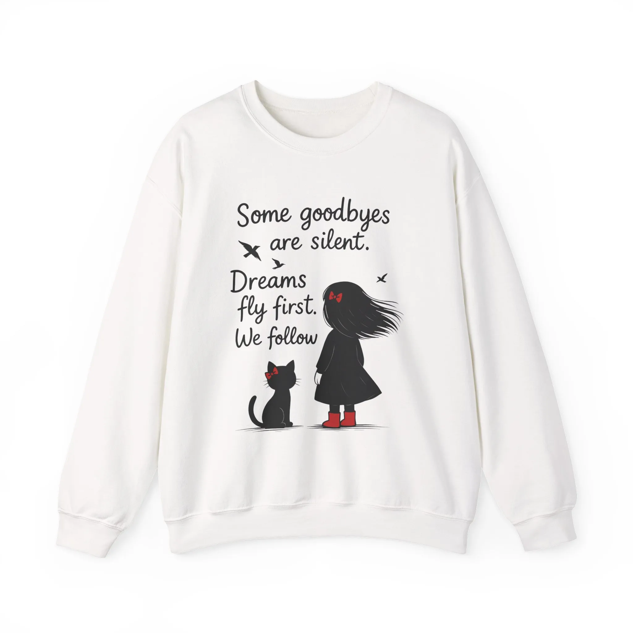 Cozy Farewell Girl & Cat Pullover, Hand Drawn Red Dress Art, Minimalist Womens Crewneck - Image 28