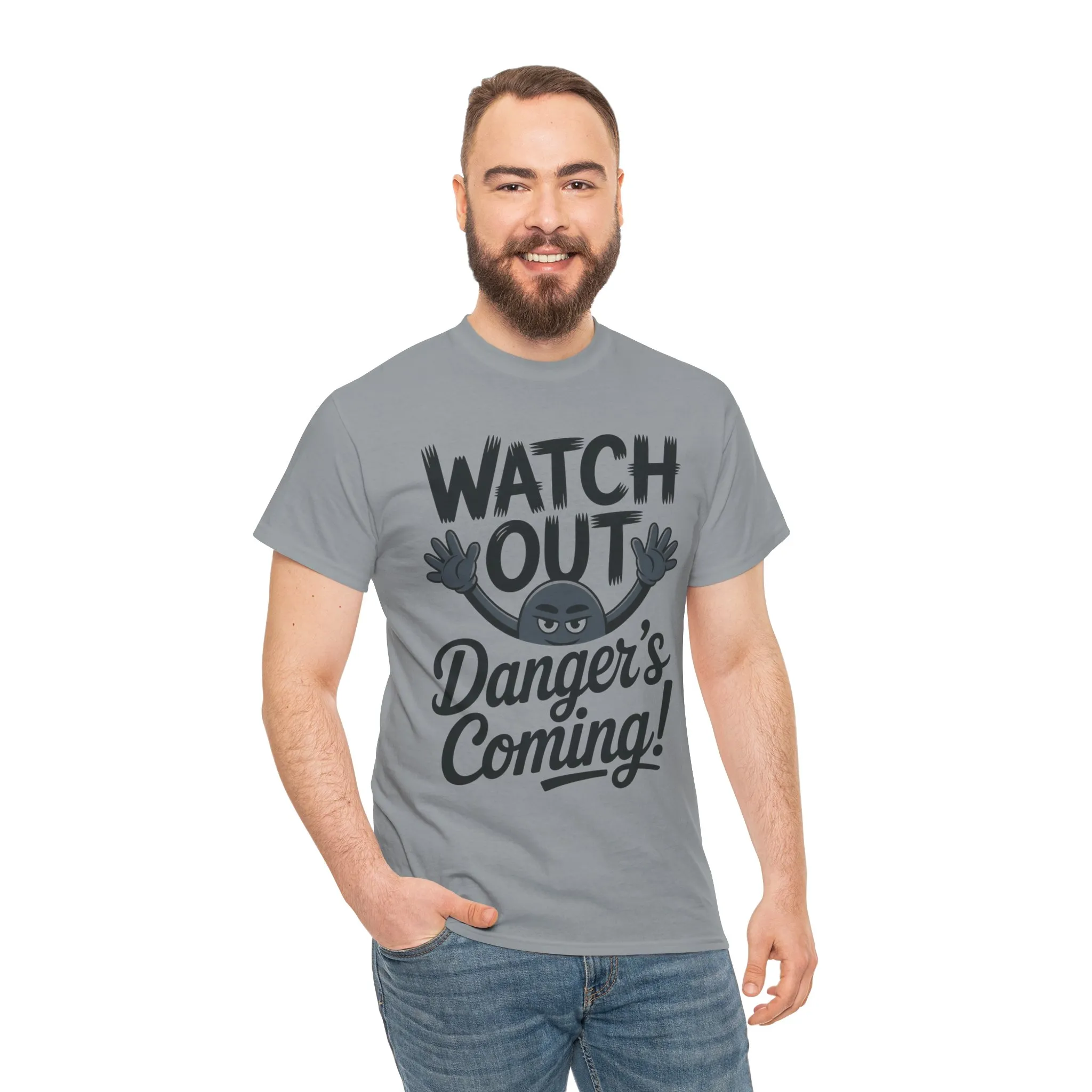 Funny "Watch Out" Cartoon Character T-Shirt, Sketch Style Unisex Heavy Cotton Tee, Minimalist Humorous Graphic Tee, Gift for Him/Her - Image 3