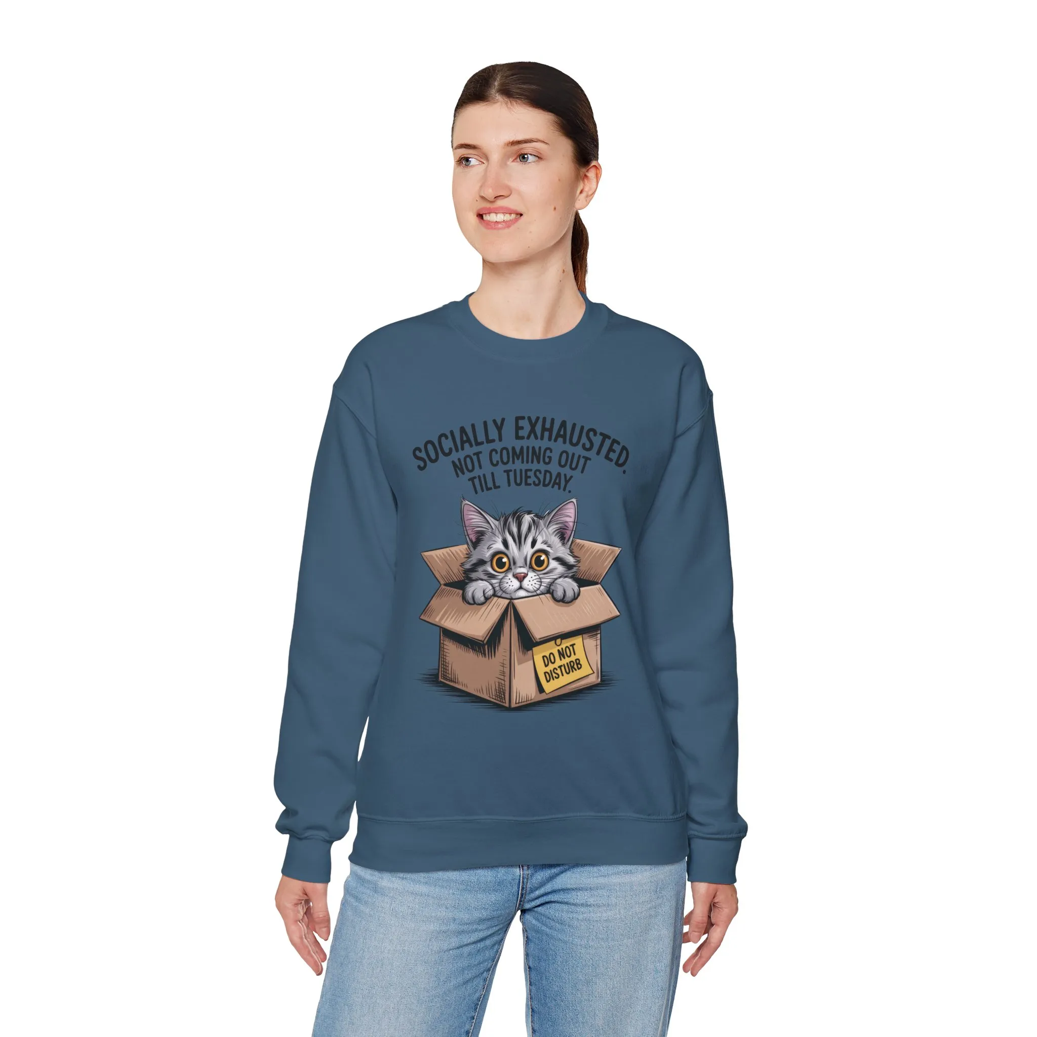 Socially Exhausted Cat Sweatshirt, Funny Cat Crewneck, Gift for Cat Lovers, Cozy Unisex Pullover, Weekend Comfort Apparel - Image 15