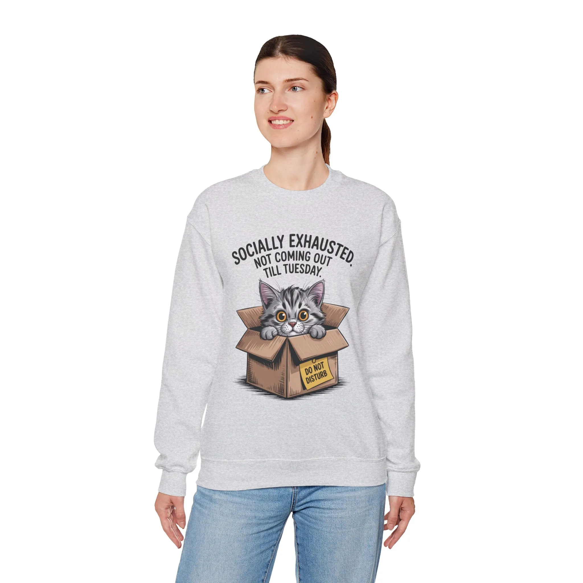 Socially Exhausted Cat Sweatshirt, Funny Cat Crewneck, Gift for Cat Lovers, Cozy Unisex Pullover, Weekend Comfort Apparel - Image 3