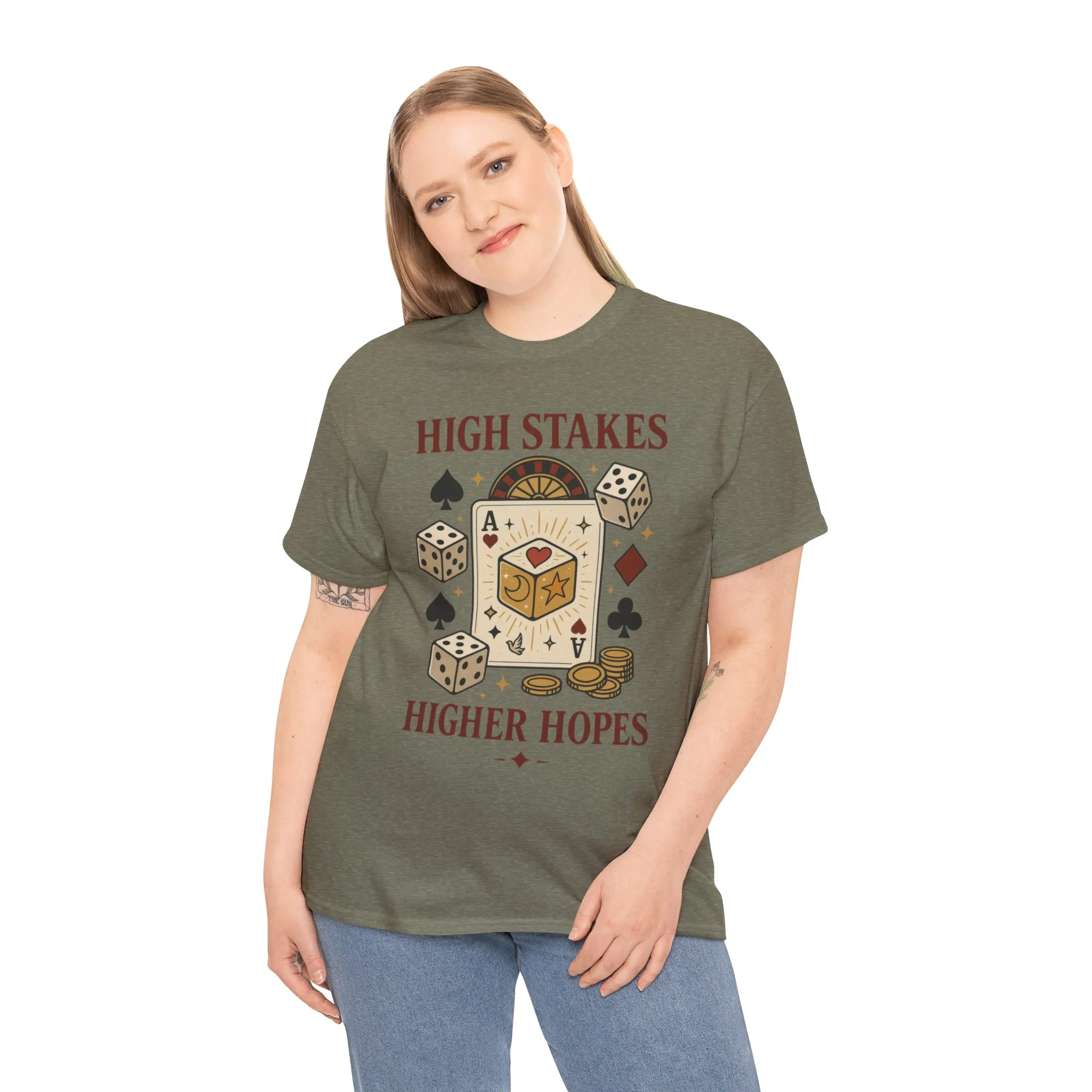 High Stakes, Higher Hopes Graphic Tee, Unisex Gambling Gift, Dice and Card Theme Shirt, Casual Wear, Game Night Apparel - Image 11