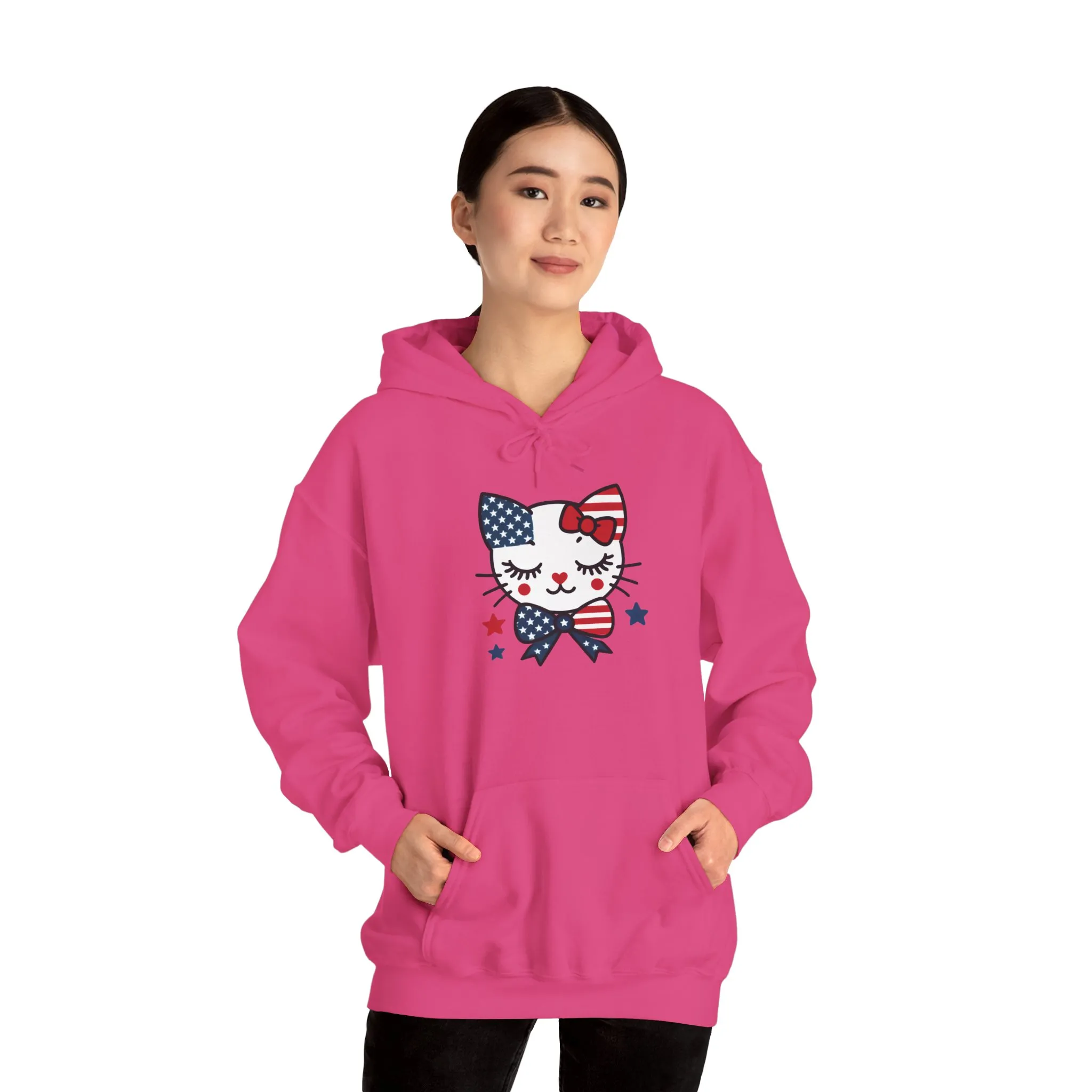 Cute Cat Patriot Womens Hoodie, Womens Heavy Blend Sweatshirt, Gift for Cat Lovers, 4th of July Apparel, Perfect for Independence Day - Image 23