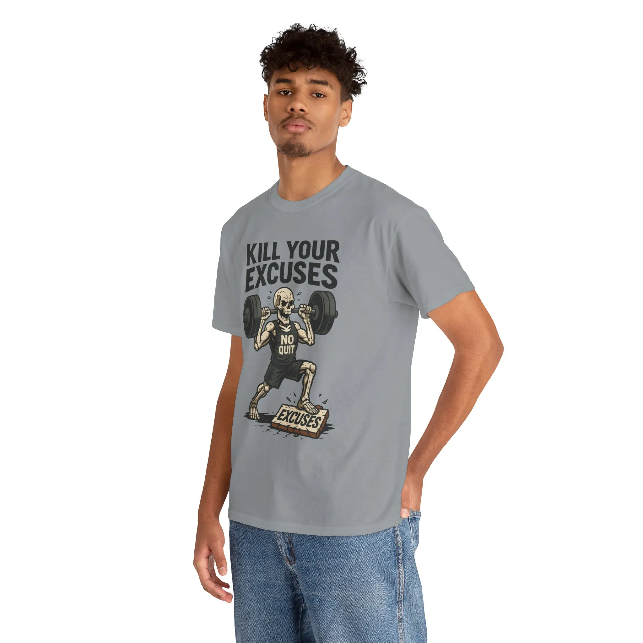 Kill Your Excuses Shirt, No Quit Skeleton Gym Tee for Men, Motivational Fitness T-Shirt, Workout Gift, Gym Apparel - Image 3