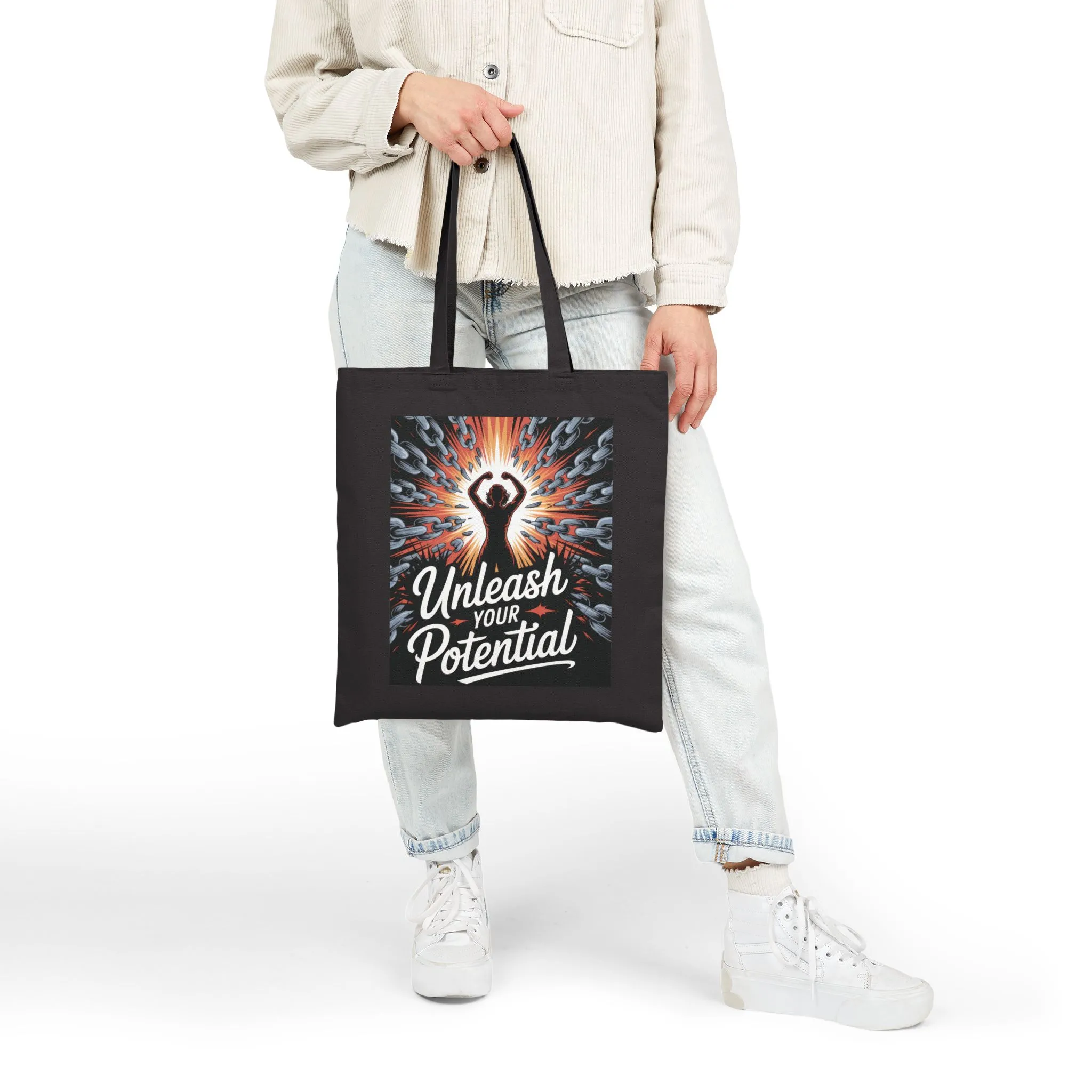 Unleash Your Potential Tote Bag, Motivational Empowerment Canvas Bag with Strong Woman & Chains Design, Fitness & Feminist Gift - Image 10