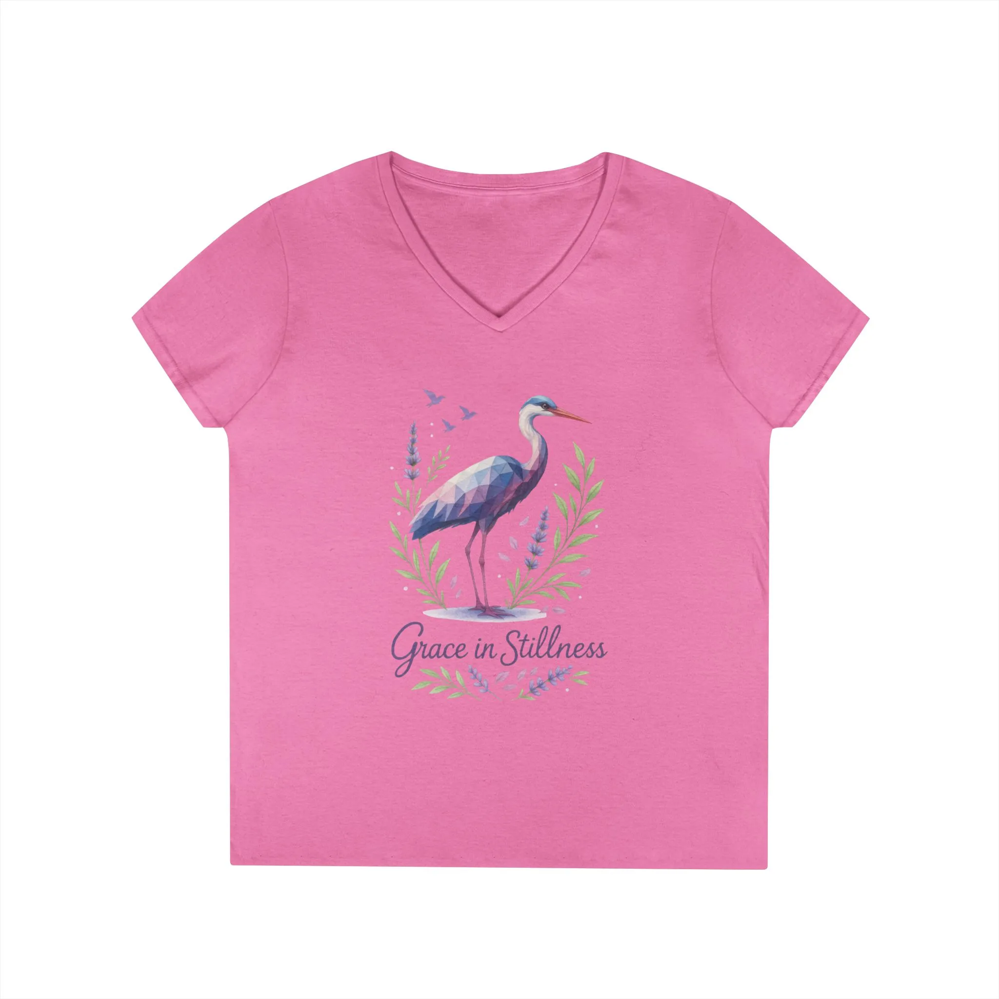 Ladies' V-Neck T-Shirt with Heron Design - Grace in Stillness, Relaxed Fit, Nature-Inspired Gift, Travel Tee, Summer Fashion - Image 19