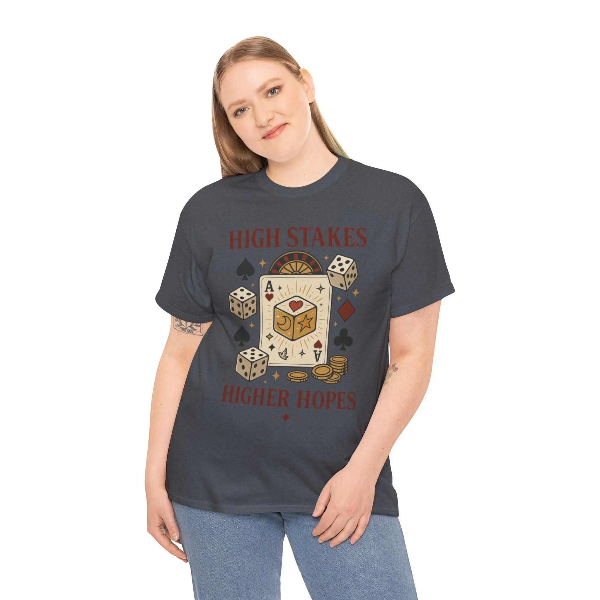 High Stakes, Higher Hopes Graphic Tee, Unisex Gambling Gift, Dice and Card Theme Shirt, Casual Wear, Game Night Apparel - Image 23