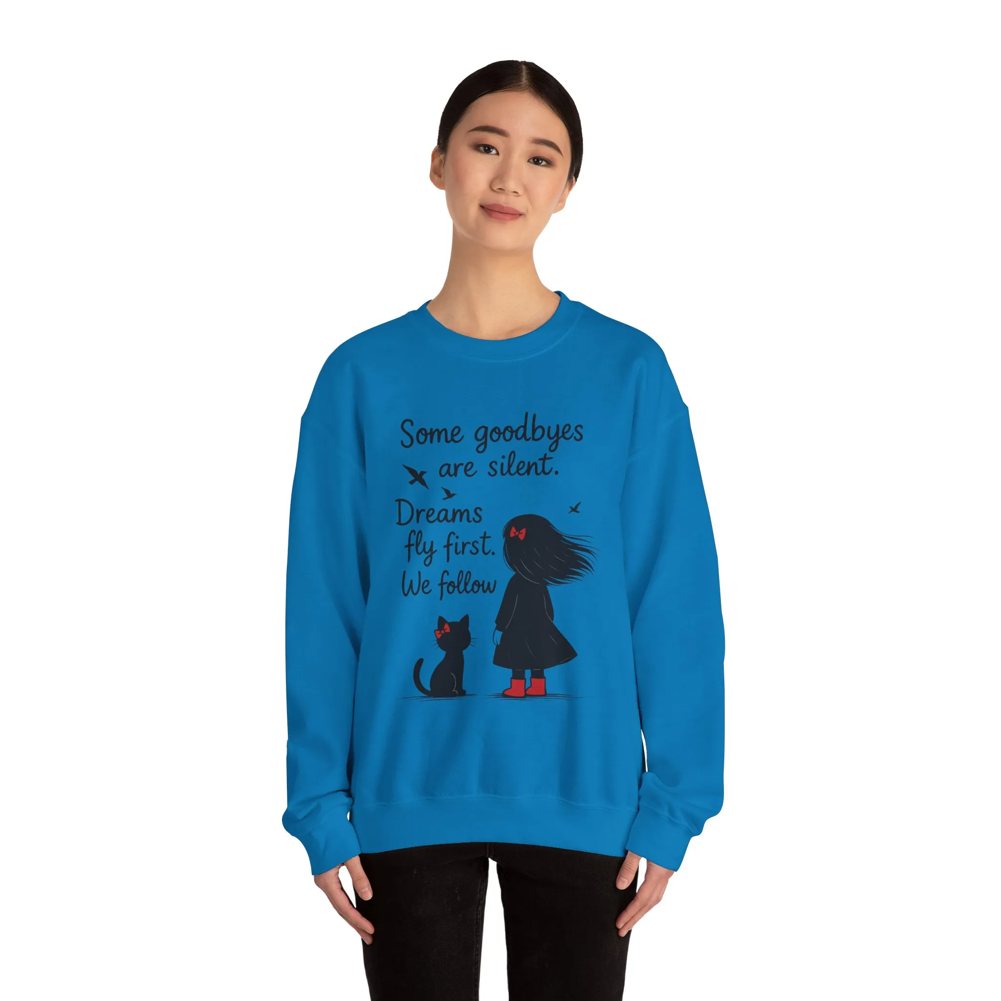 Cozy Farewell Girl & Cat Pullover, Hand Drawn Red Dress Art, Minimalist Womens Crewneck - Image 17