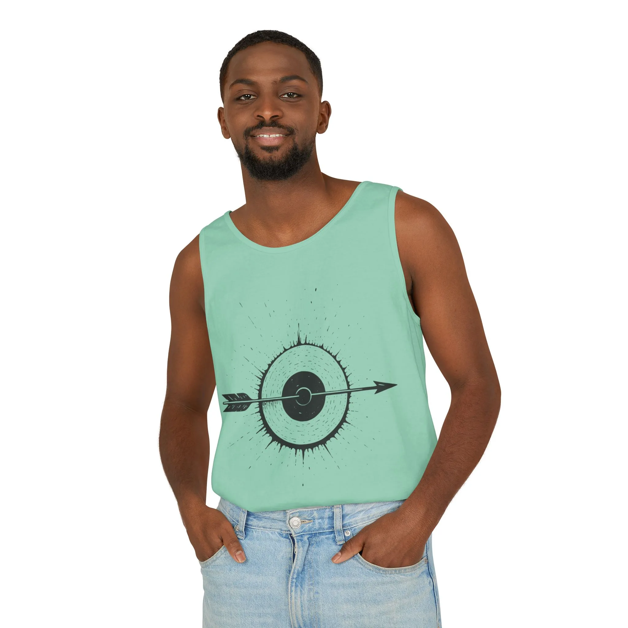 Mens Garment-Dyed Tank Top with Target Arrow Design, Casual Wear, Summer Essentials, Gym Wear, Gifts for Archery Lovers - Image 3