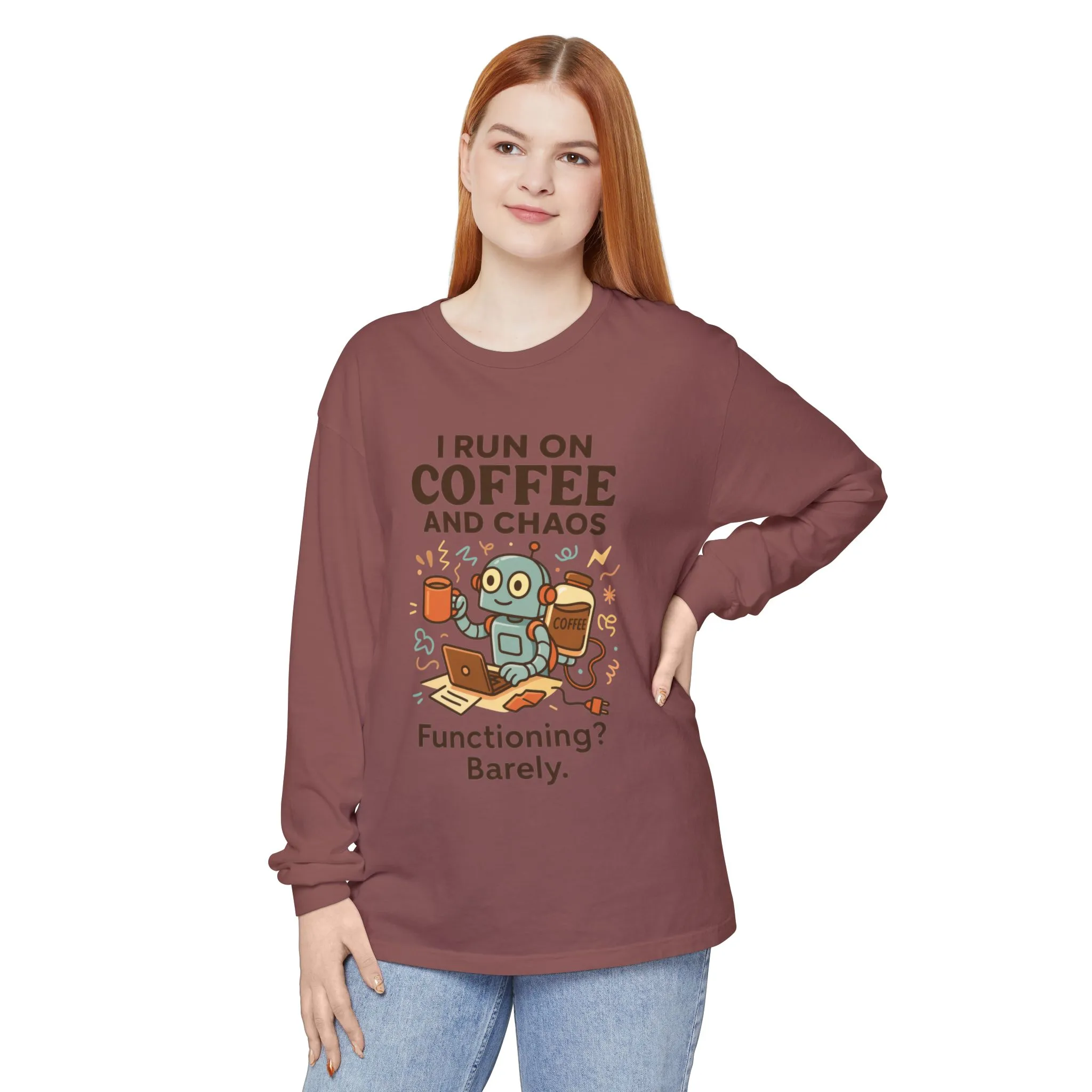 Coffee Chaos Long Sleeve Tee, Funny T-Shirt, Quirky Gift for Coffee Lovers, Unisex Top for Busy Lives, Work from Home Humor Tee - Image 30