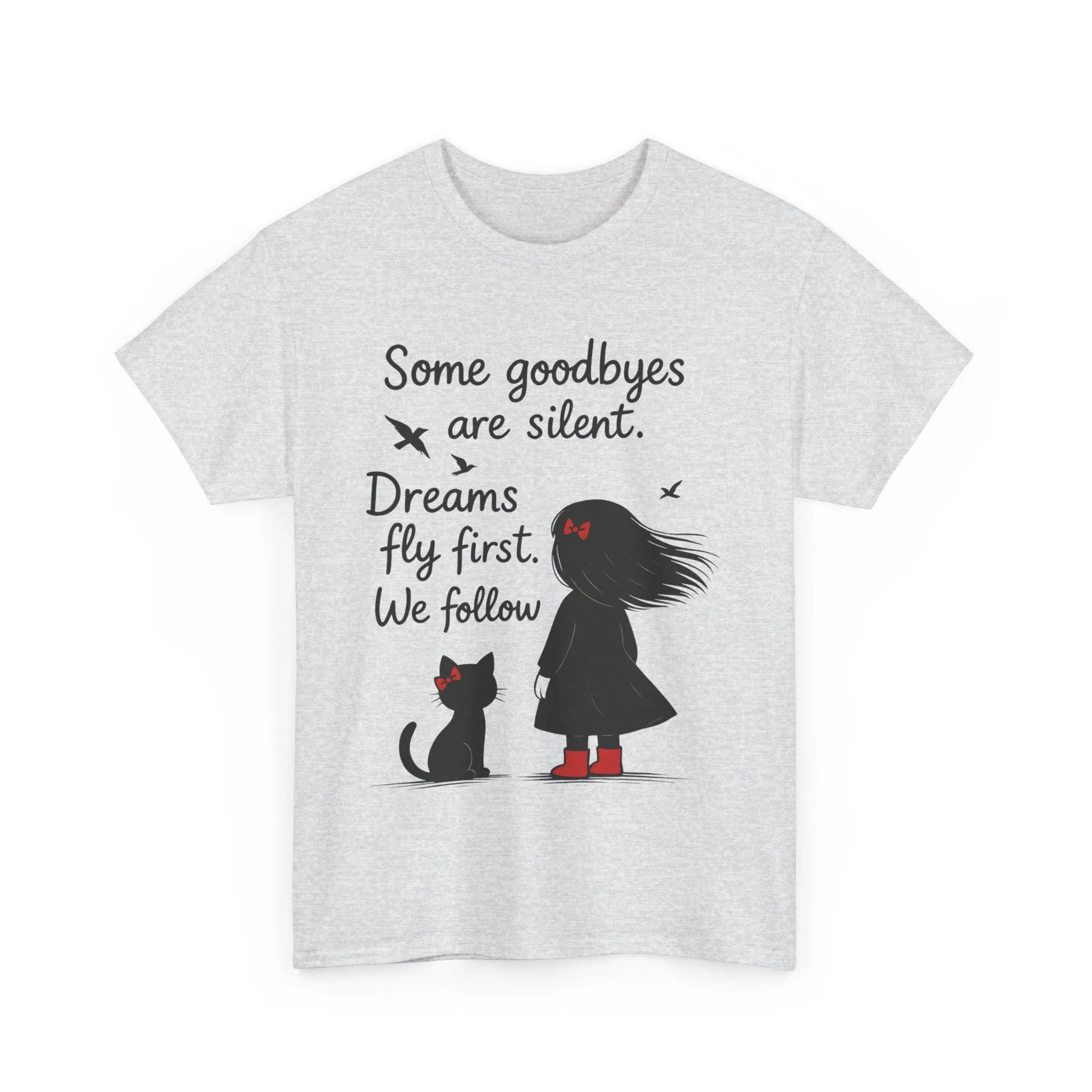 Emotional Hand Drawn Womens T-Shirt, Minimalist Red Dress Girl and Cat Graphic Tee, Cat Lover Gift - Image 2