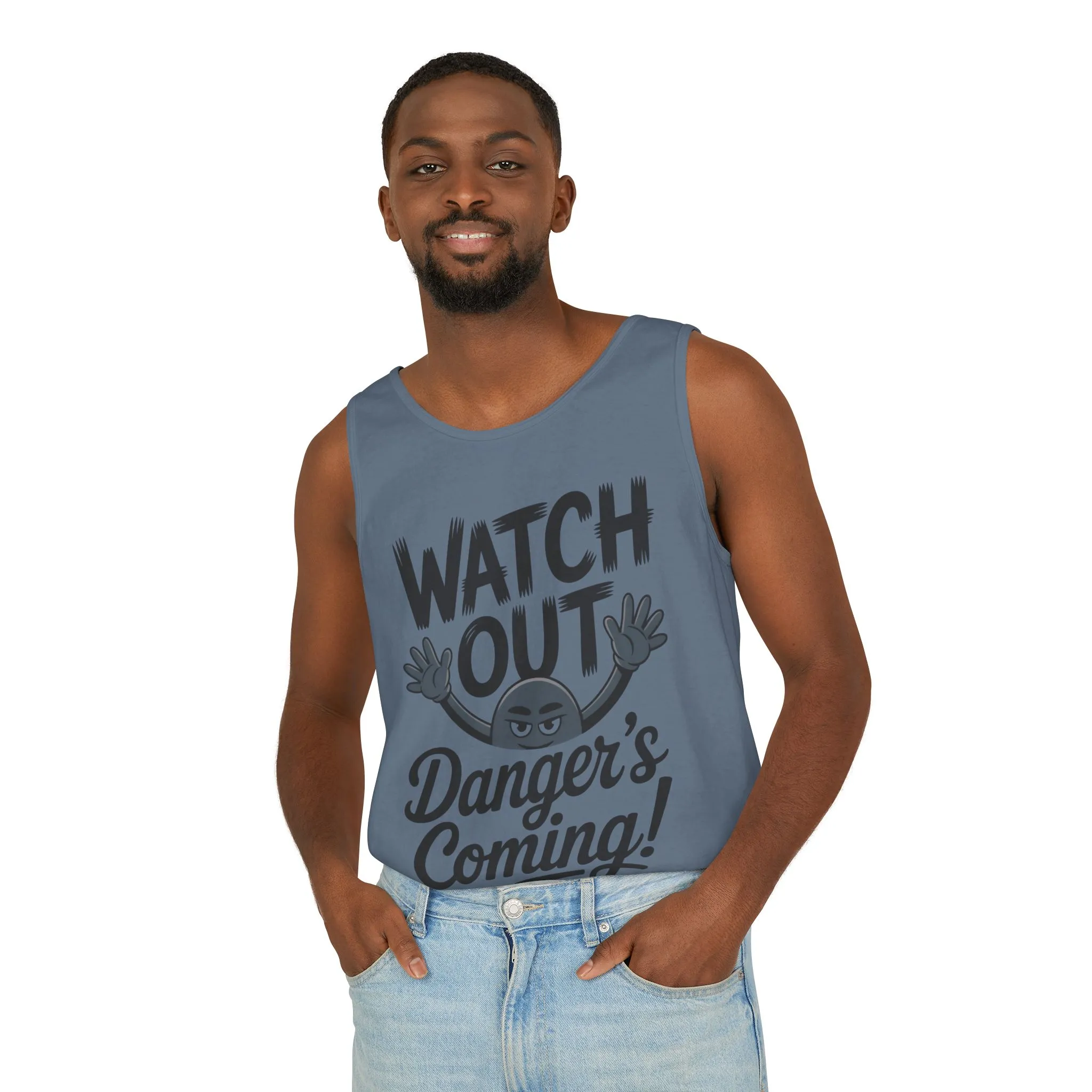 Watch Out! Danger's Coming, Mens Garment-Dyed Tank Top, Summer Tank, Trendy Mens Top, Fun Graphic Tee, Casual Wear, Gift for Him - Image 24