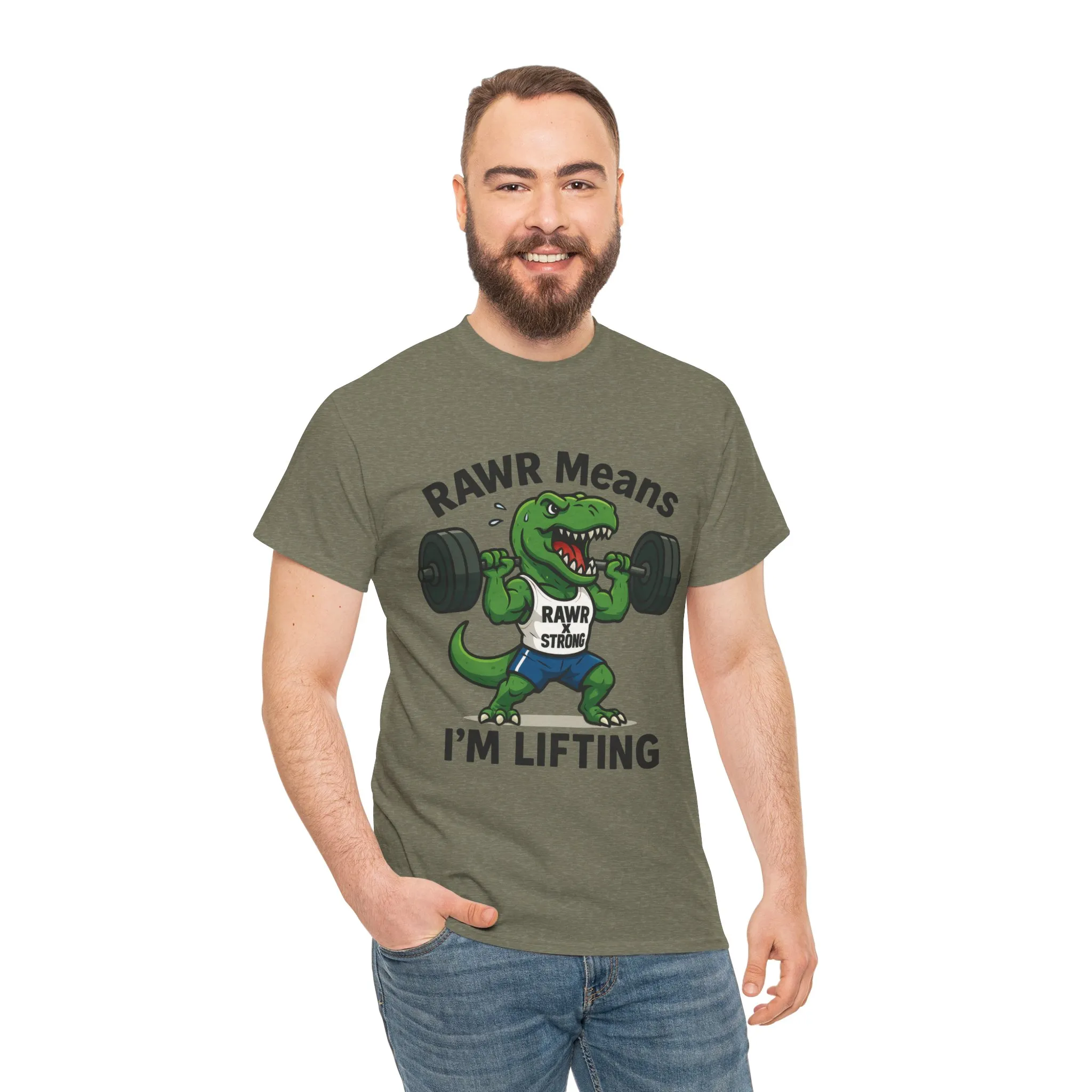 RAWR Gym Shirt for Men, Funny Dinosaur Lifting Tee, Workout Dino Fitness Gift, Barbell Humor Shirt, Motivational T-Shirt, Activewear