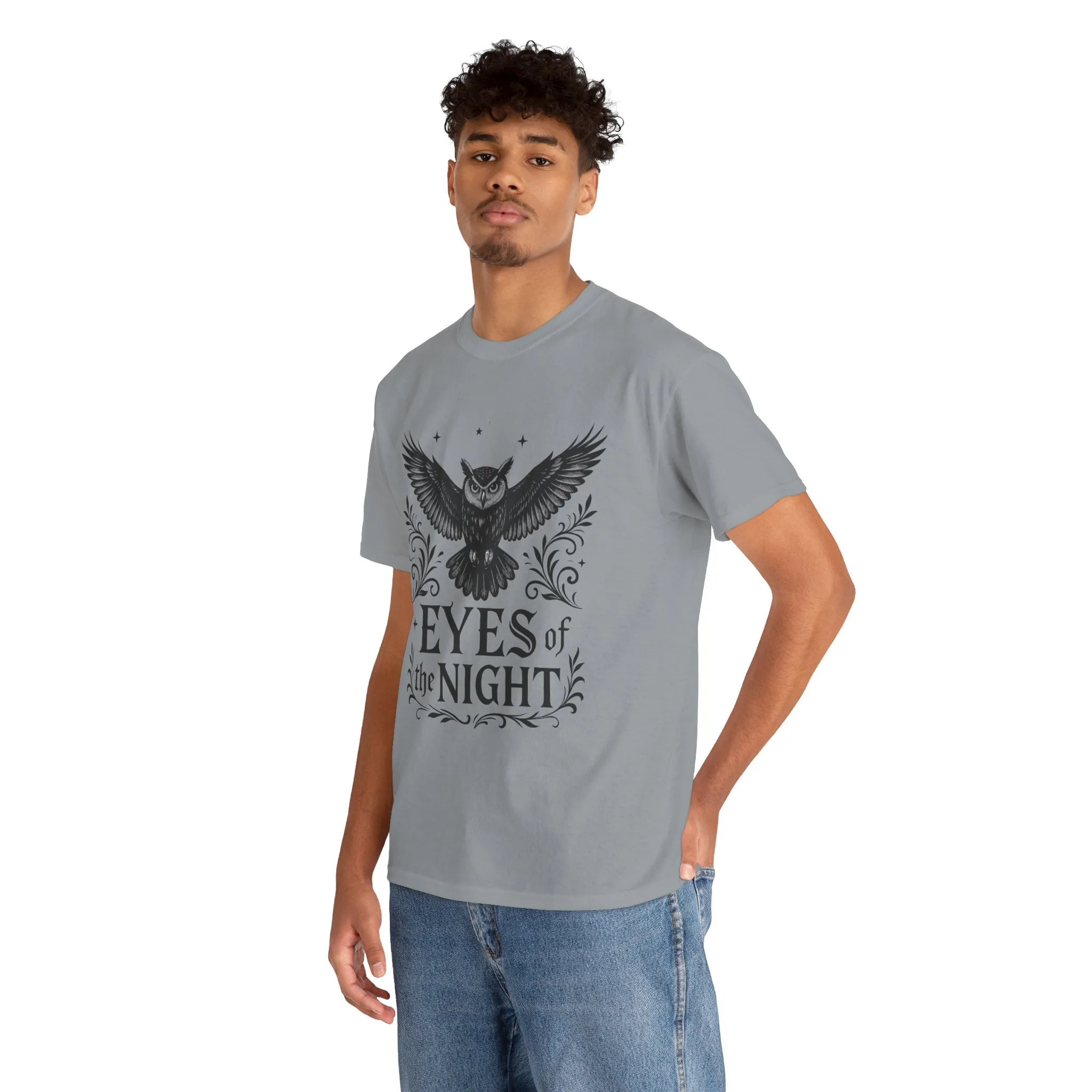 Cool Owl Graphic Unisex Heavy Cotton Tee, Flying Owl Art T-Shirt, Animal Print Tee, Gothic Bird Graphic Tee, Mens Gothic Style Shirt - Image 3