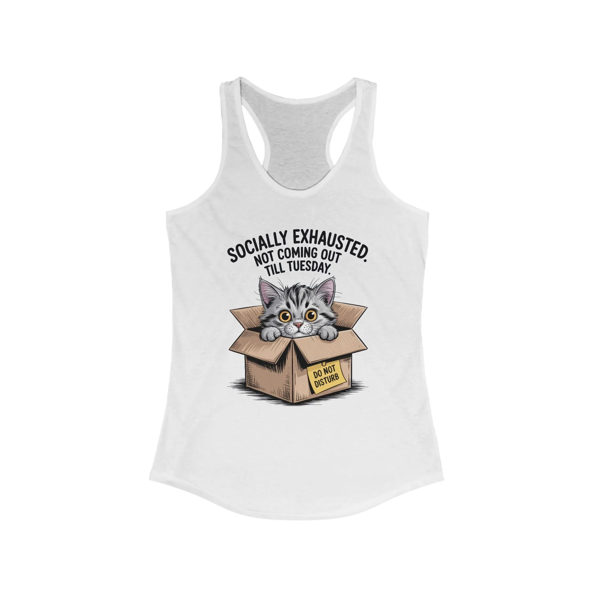 Socially Exhausted Cat Tank Top - Funny Women's Racerback Tee, Gift for Cat Lovers, Relaxed Fit Top for Casual Wear, Perfect for [...] - Image 3