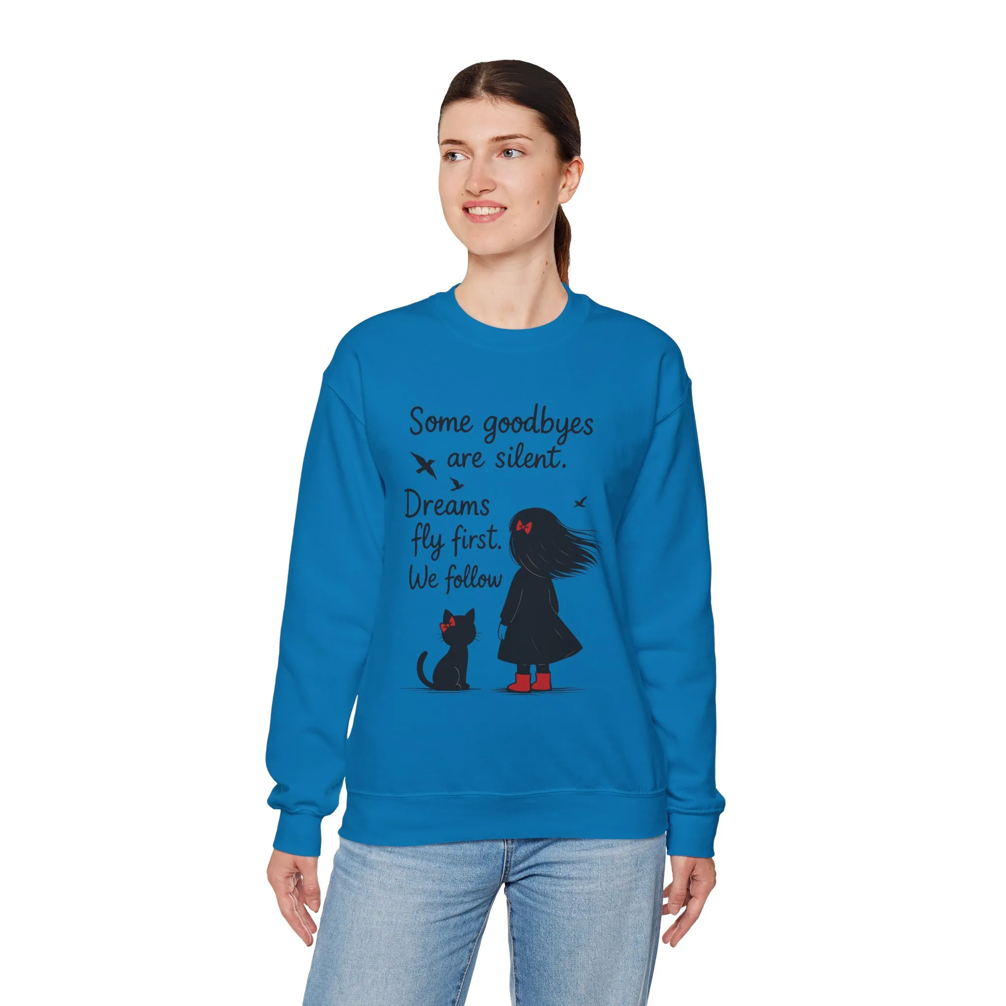 Cozy Farewell Girl & Cat Pullover, Hand Drawn Red Dress Art, Minimalist Womens Crewneck - Image 18