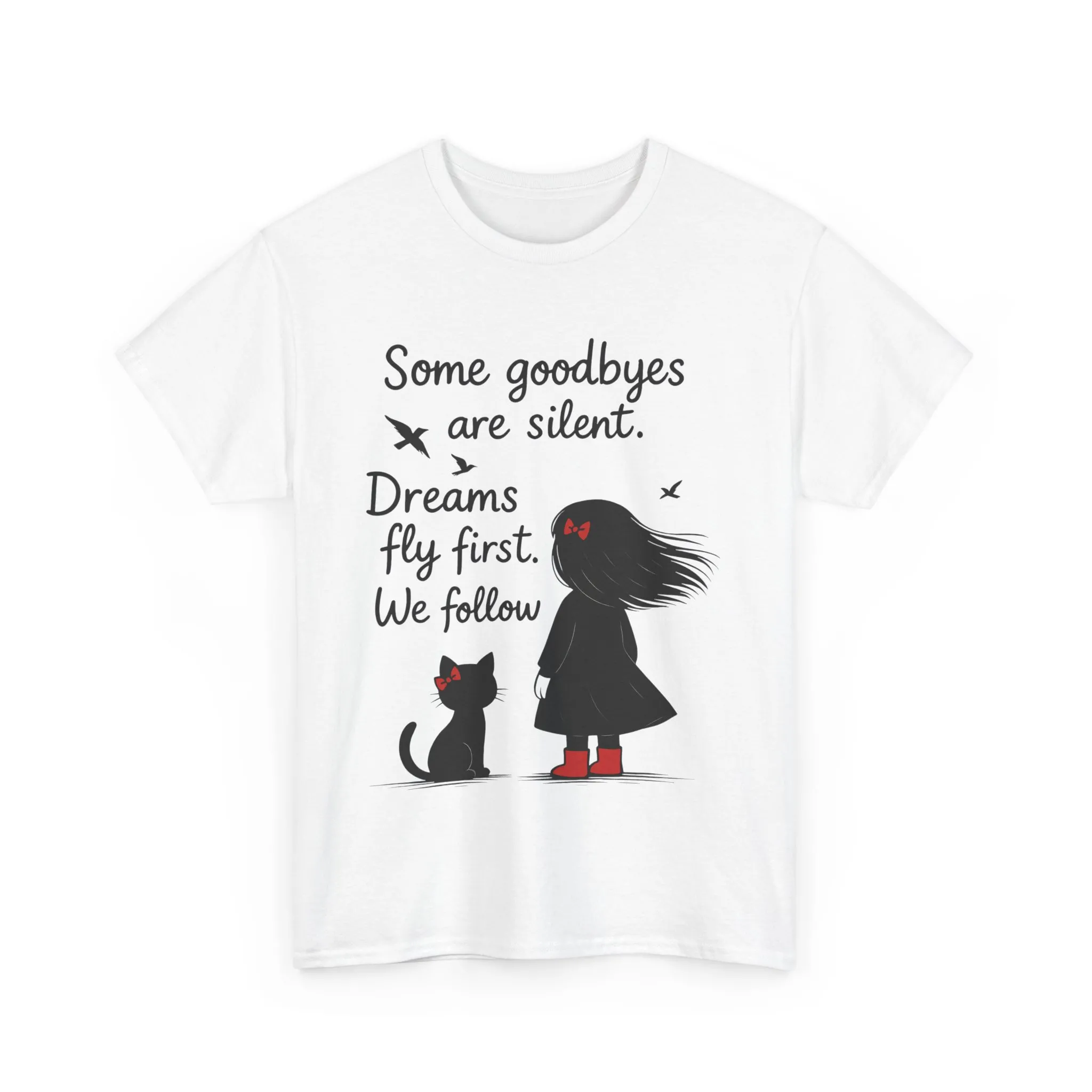 Emotional Hand Drawn Womens T-Shirt, Minimalist Red Dress Girl and Cat Graphic Tee, Cat Lover Gift - Image 28