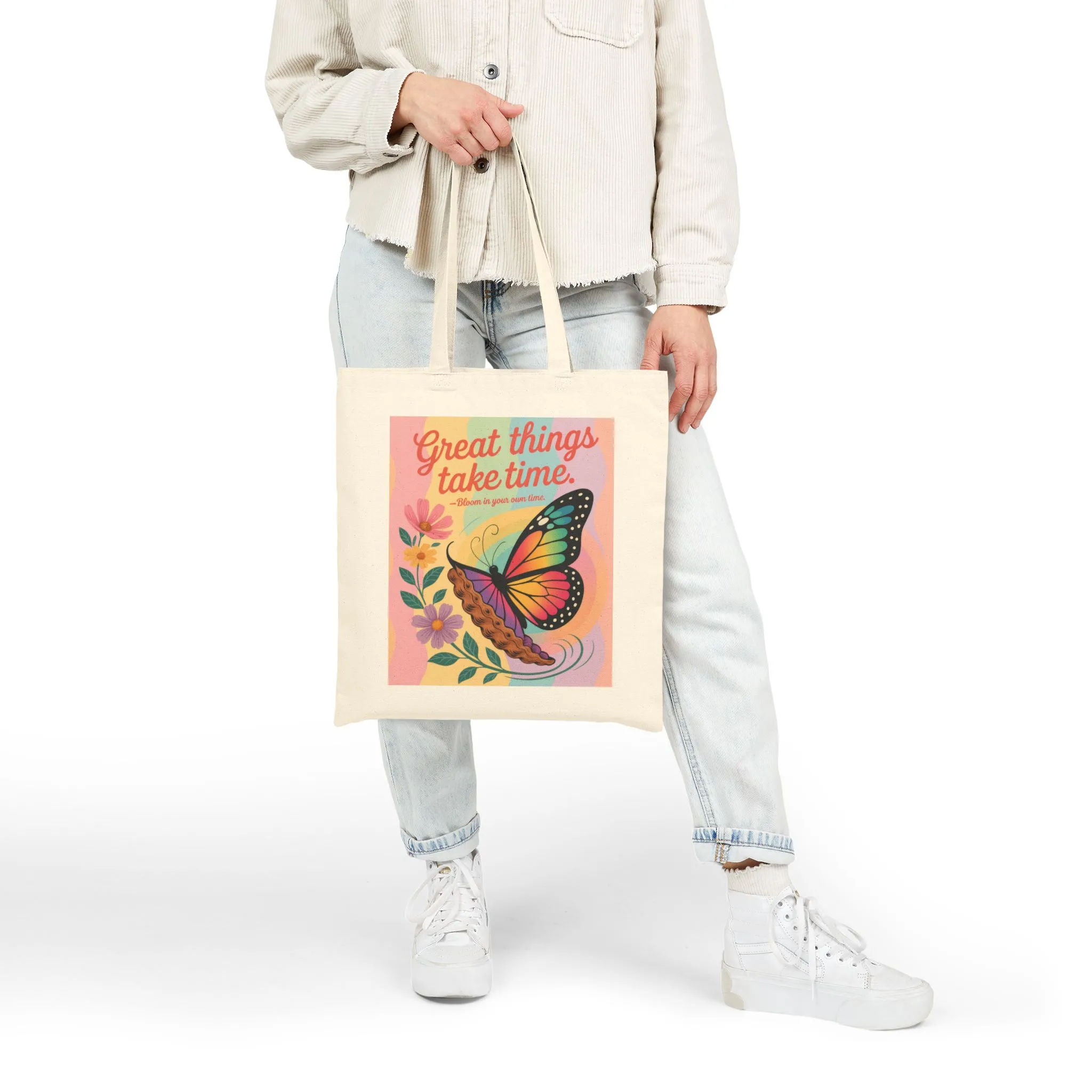 Great Things Take Time Tote Bag, Butterfly & Flower Cotton Canvas Bag, Motivational Quote Tote, Inspirational Gift for Women, Boho Style Bag - Image 3