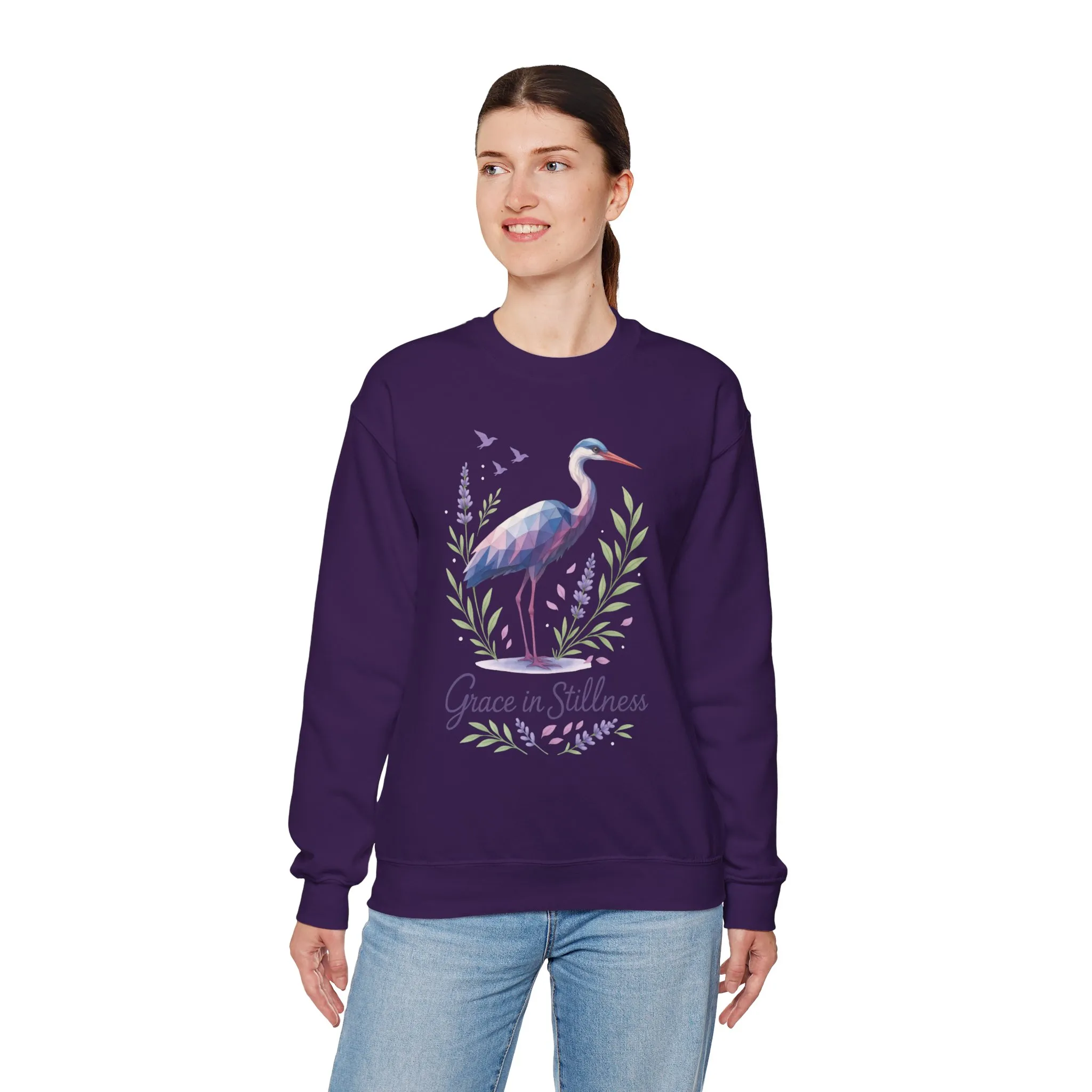 Polygonal Heron Graphic Sweatshirt, Women's Artistic Bird Crewneck, Nature-Inspired Minimalist Design, Geometric Crane, Bird Lovers Gift - Image 24