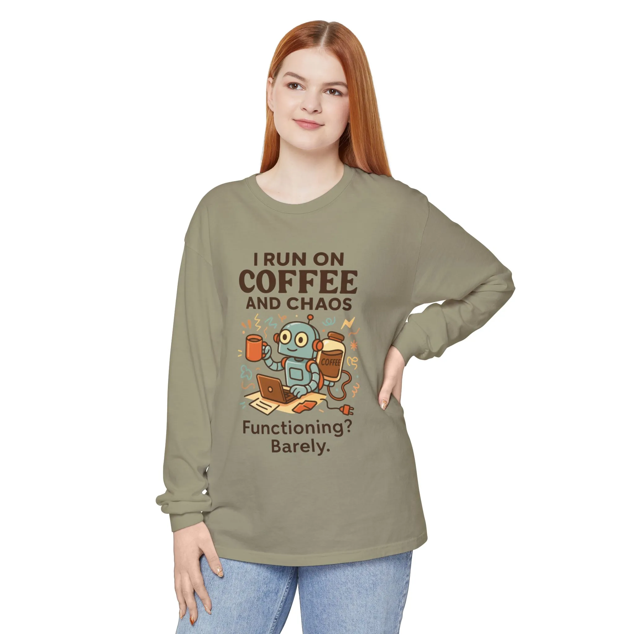 Coffee Chaos Long Sleeve Tee, Funny T-Shirt, Quirky Gift for Coffee Lovers, Unisex Top for Busy Lives, Work from Home Humor Tee - Image 12