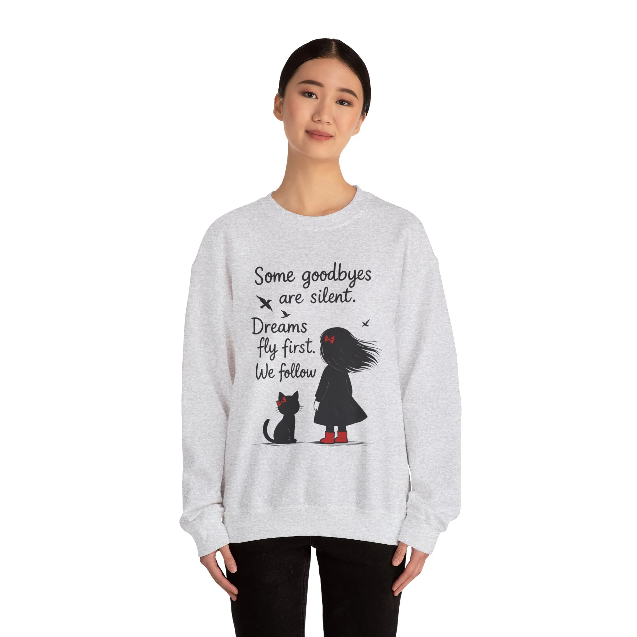 Cozy Farewell Girl & Cat Pullover, Hand Drawn Red Dress Art, Minimalist Womens Crewneck - Image 5