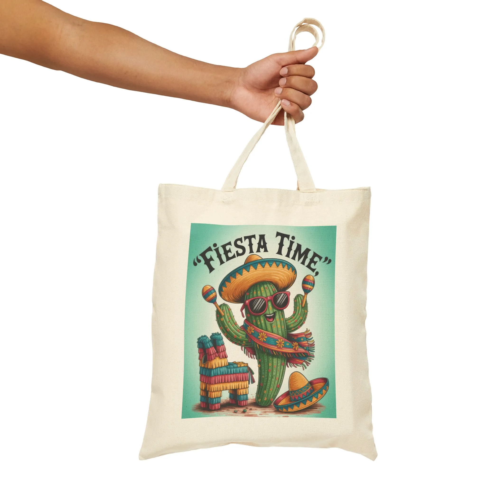 Fiesta Time Cactus Tote Bag, Colorful Funny Sombrero Maracas Piñata Mexican Party Gift Bag, Summer Vibes Canvas Bag - Image 4