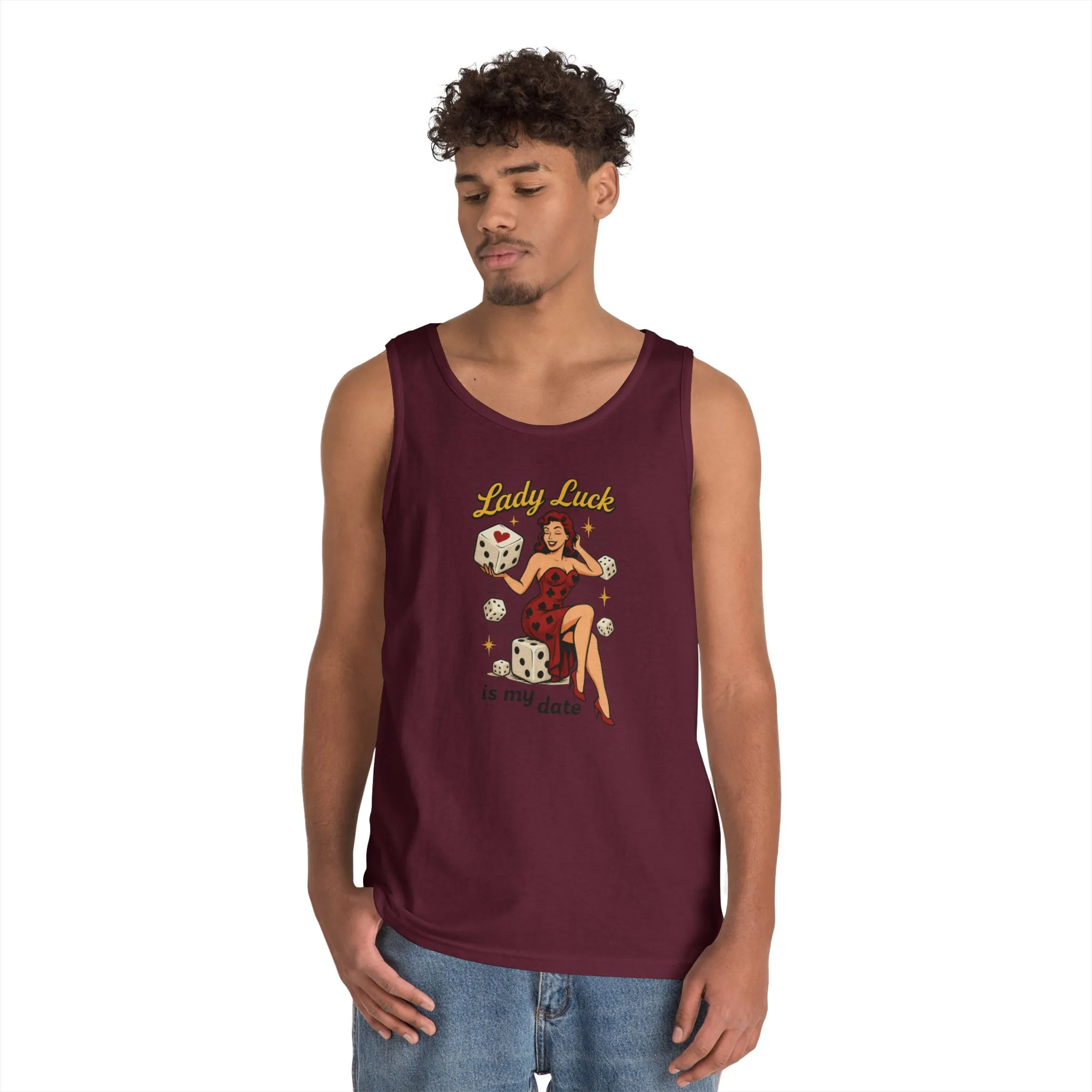Lucky Me Tank Top, Retro Lady Luck Tee for Men, Gambling & Dice Themed Tee, Vintage Pin-Up Vegas Gift, Good Luck Gifts, for Luck Enthusiasts - Image 8