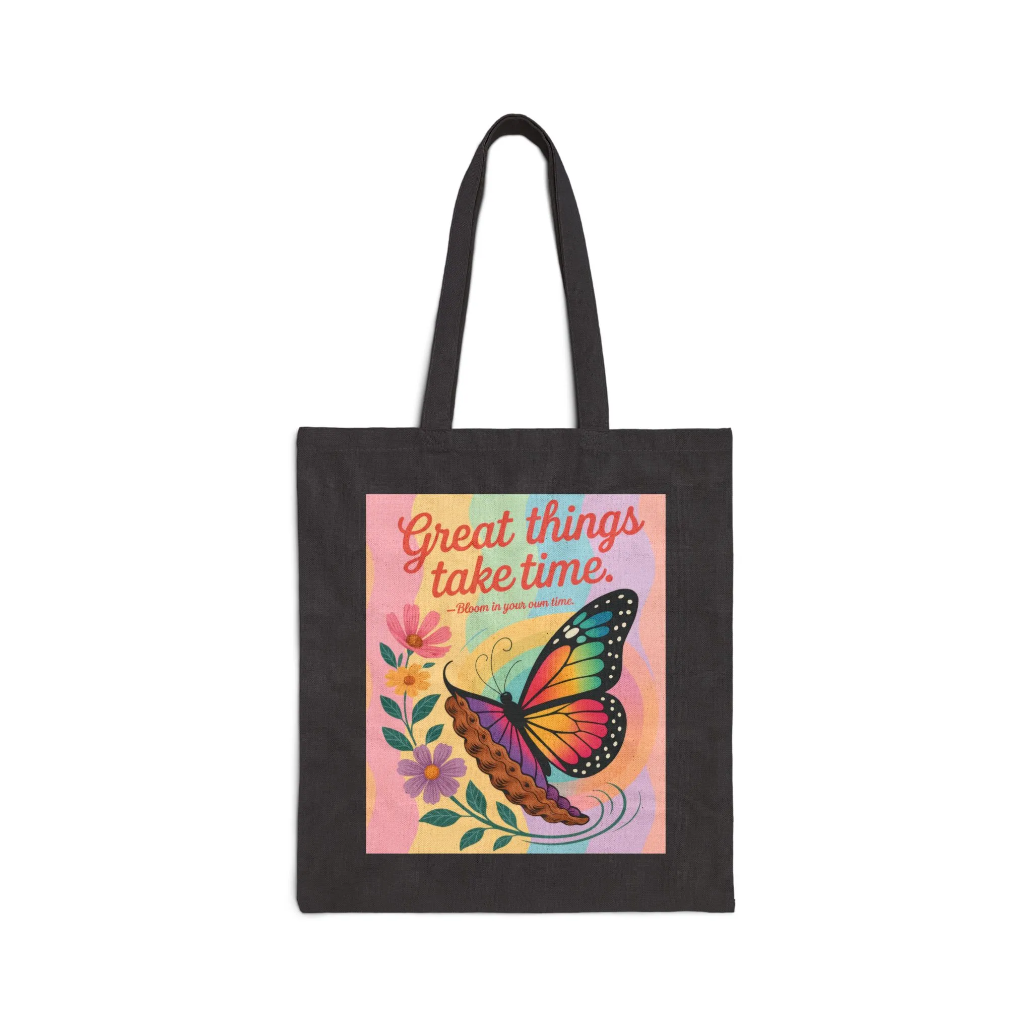 Great Things Take Time Tote Bag, Butterfly & Flower Cotton Canvas Bag, Motivational Quote Tote, Inspirational Gift for Women, Boho Style Bag - Image 8