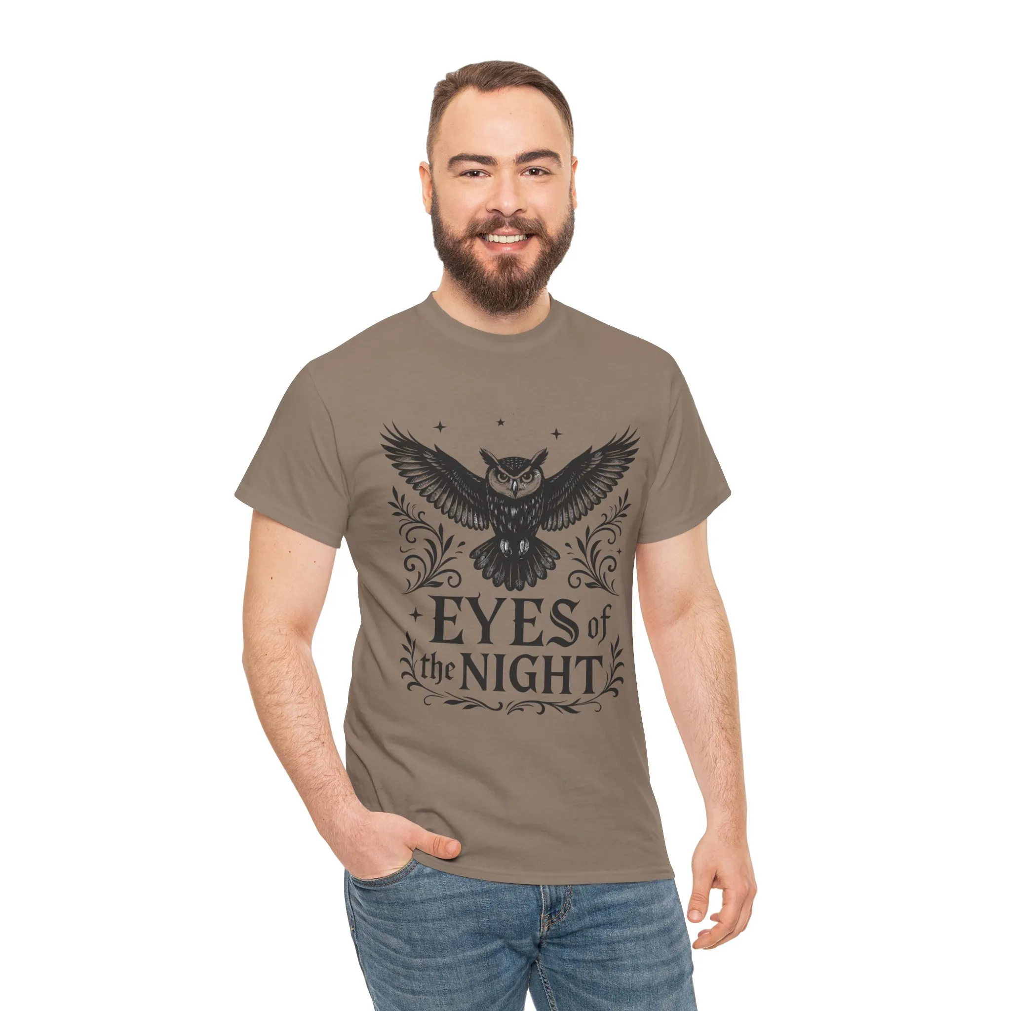 Cool Owl Graphic Unisex Heavy Cotton Tee, Flying Owl Art T-Shirt, Animal Print Tee, Gothic Bird Graphic Tee, Mens Gothic Style Shirt - Image 11