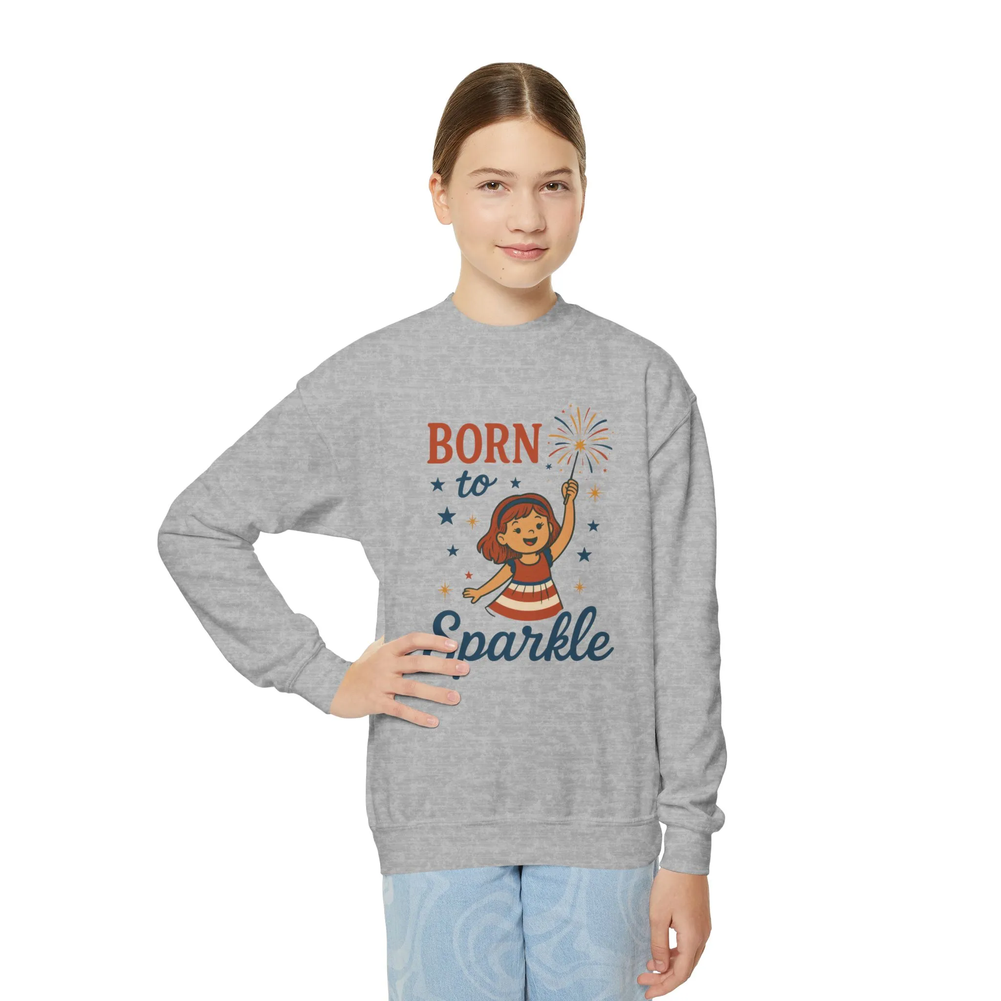 4th of July Youth Crewneck Sweatshirt, Born to Sparkle Tee, Patriotic Fireworks Toddler Crewneck, Independence Day Outfit for Tween Girls - Image 3