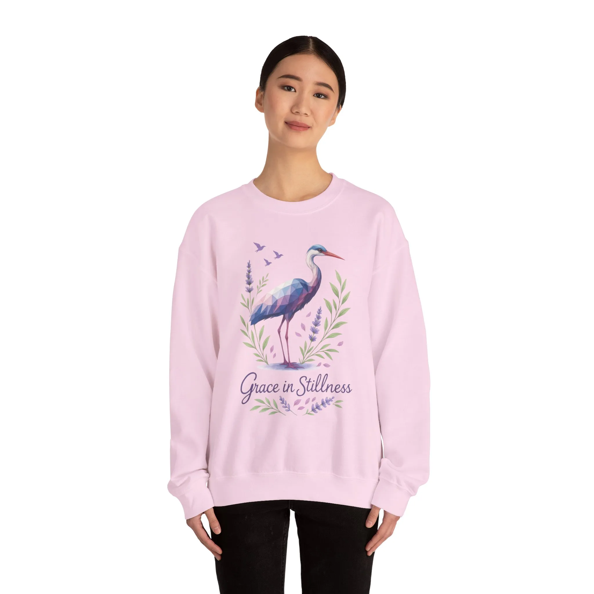 Polygonal Heron Graphic Sweatshirt, Women's Artistic Bird Crewneck, Nature-Inspired Minimalist Design, Geometric Crane, Bird Lovers Gift