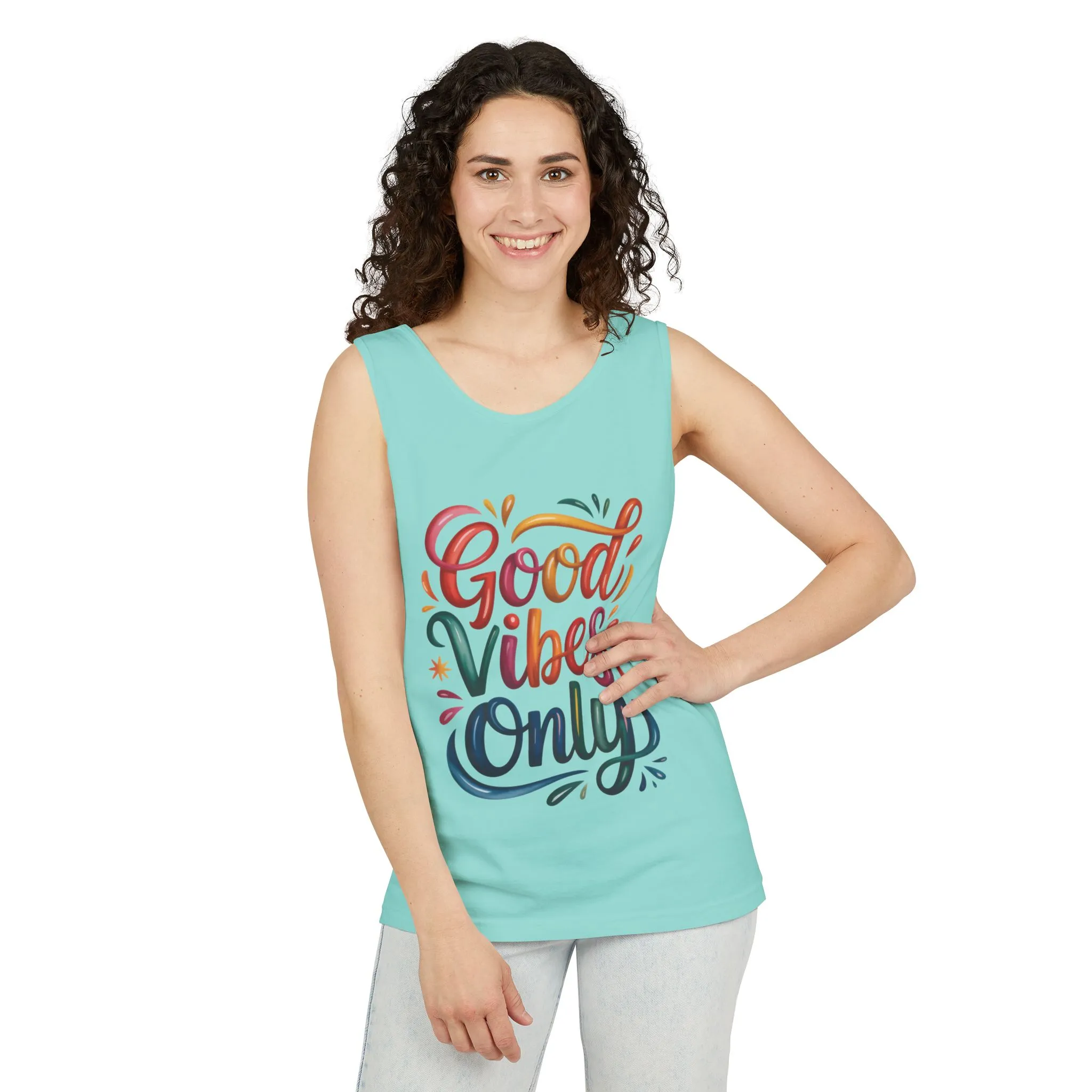 Good Vibes Only Womens Garment-Dyed Tank Top, Summer Casual Wear, Festival Outfit, Beach Day Tee, Gift for Friends, Positive Vibes Apparel