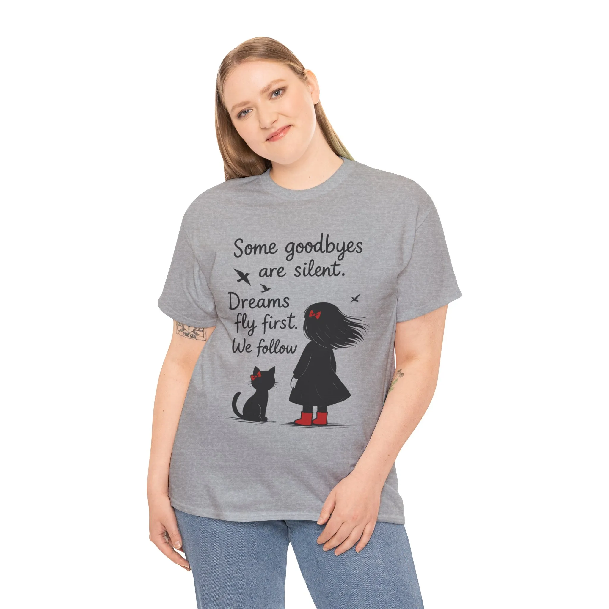 Emotional Hand Drawn Womens T-Shirt, Minimalist Red Dress Girl and Cat Graphic Tee, Cat Lover Gift - Image 6