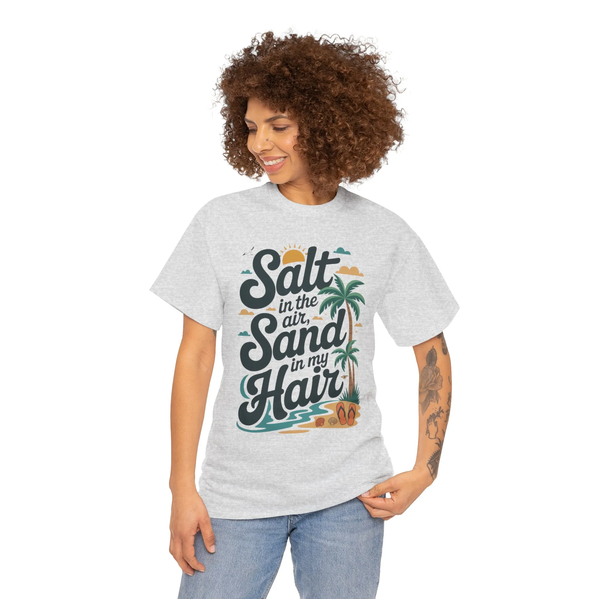 Salt in the Air Sand in My Hair Shirt, Beach Summer Vibes Graphic T-Shirt, Tropical Ocean Palm Design, Ocean-Themed Shirt, Gift Beach Lovers - Image 13